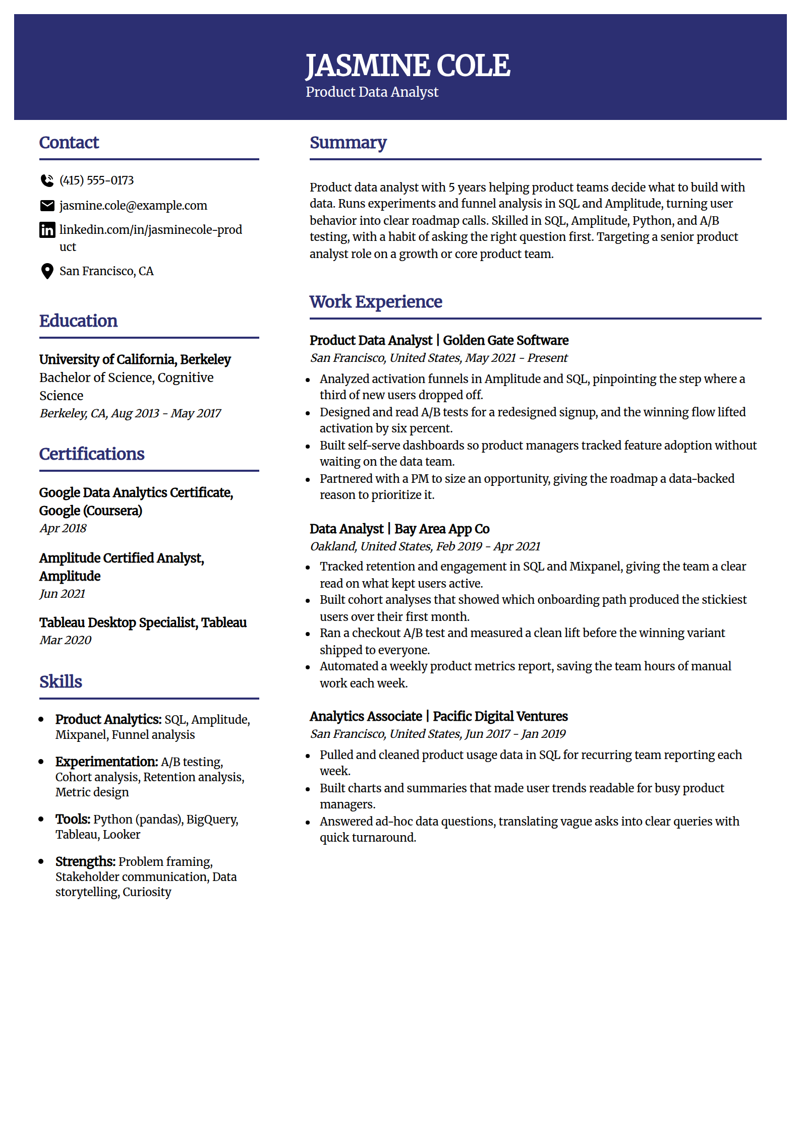 Product data analyst resume example in the Visionary template