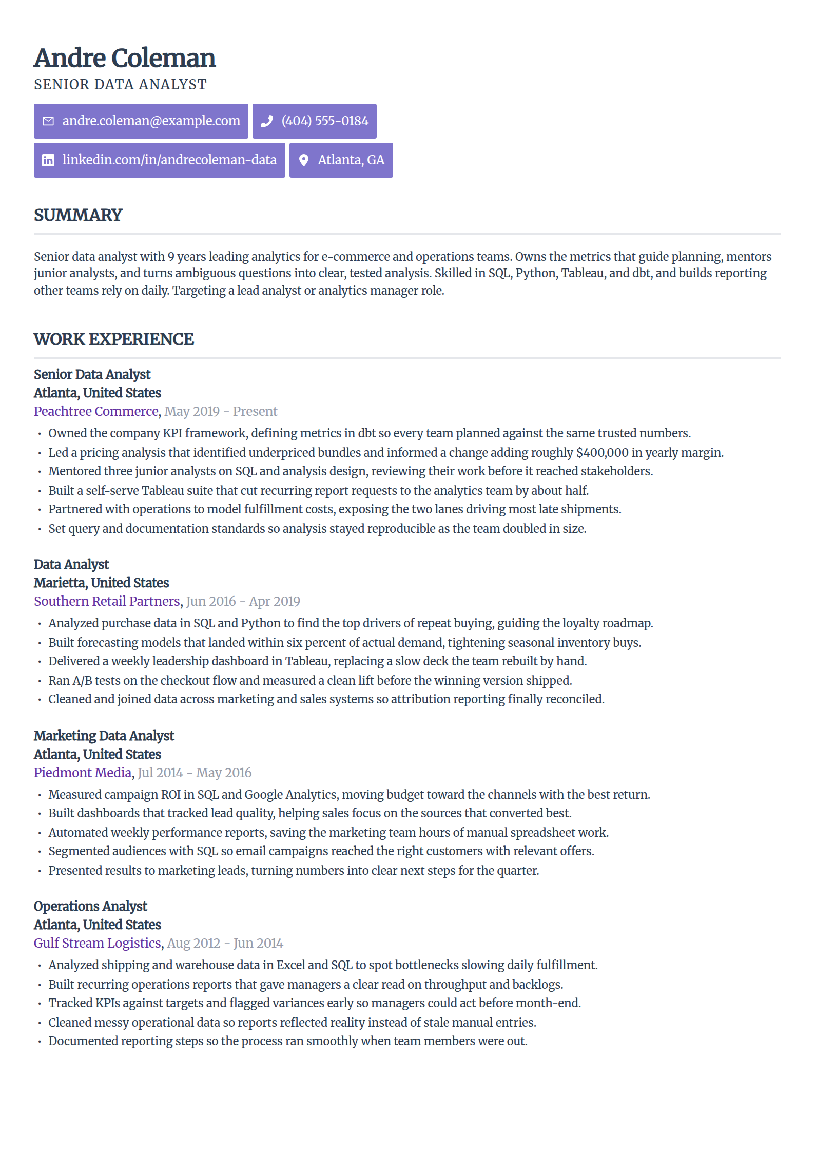 Senior and lead data analyst resume example in the Sleek Framework template