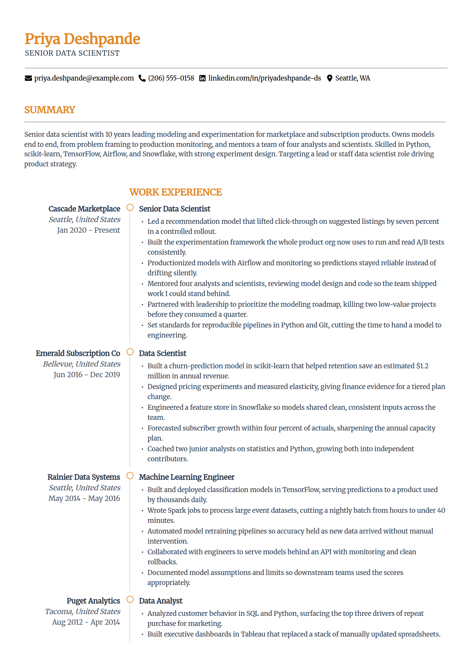 Senior and lead data scientist resume example in the Zenith template
