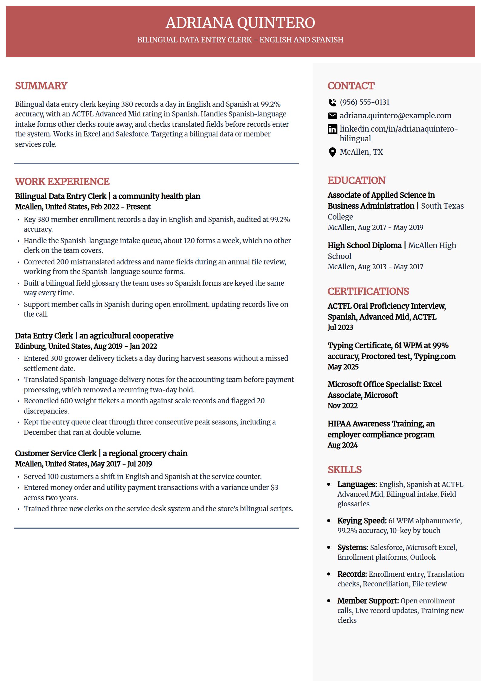 Bilingual English and Spanish data entry clerk resume example in the Executive template