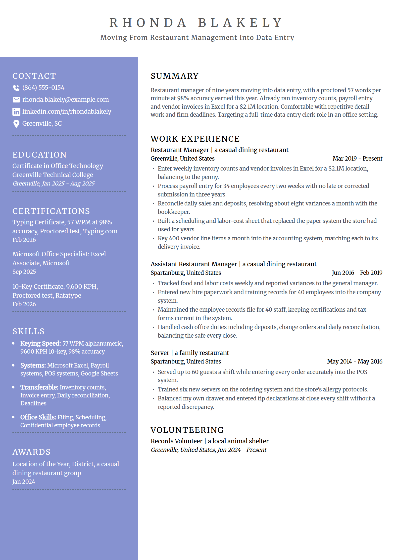 Career changer moving into data entry resume example in the Luminary template
