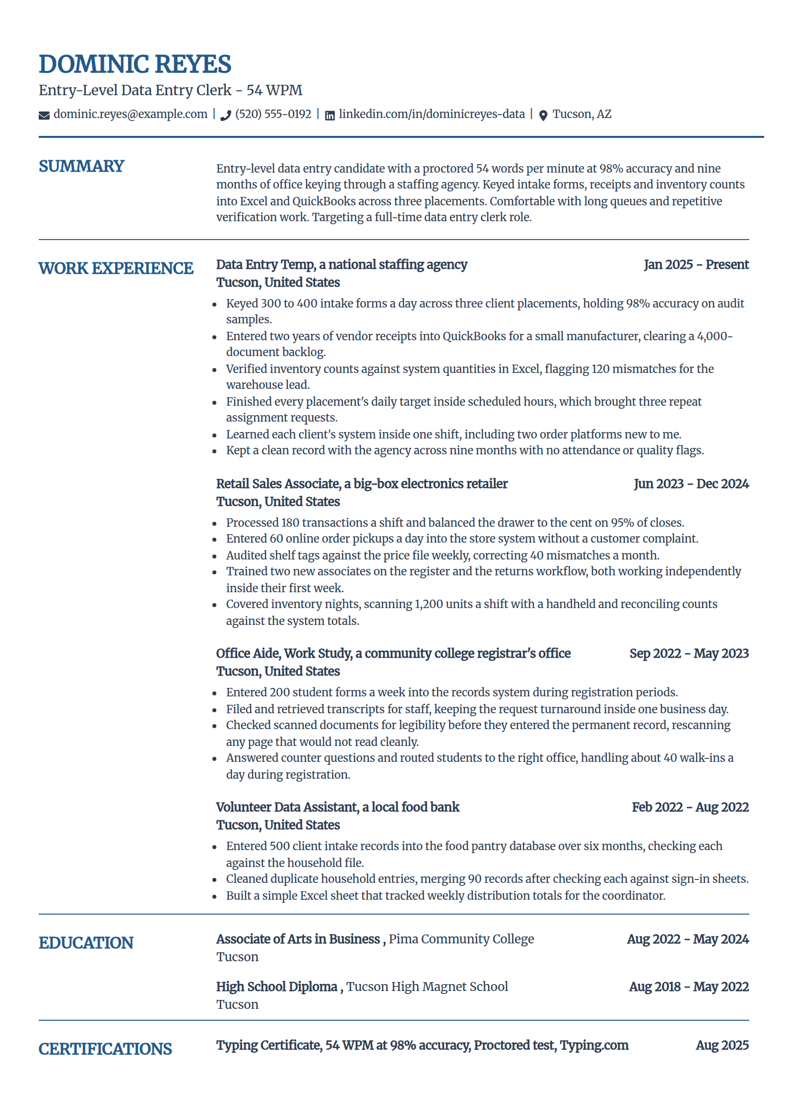 Entry-level data entry clerk resume example in the Craft template