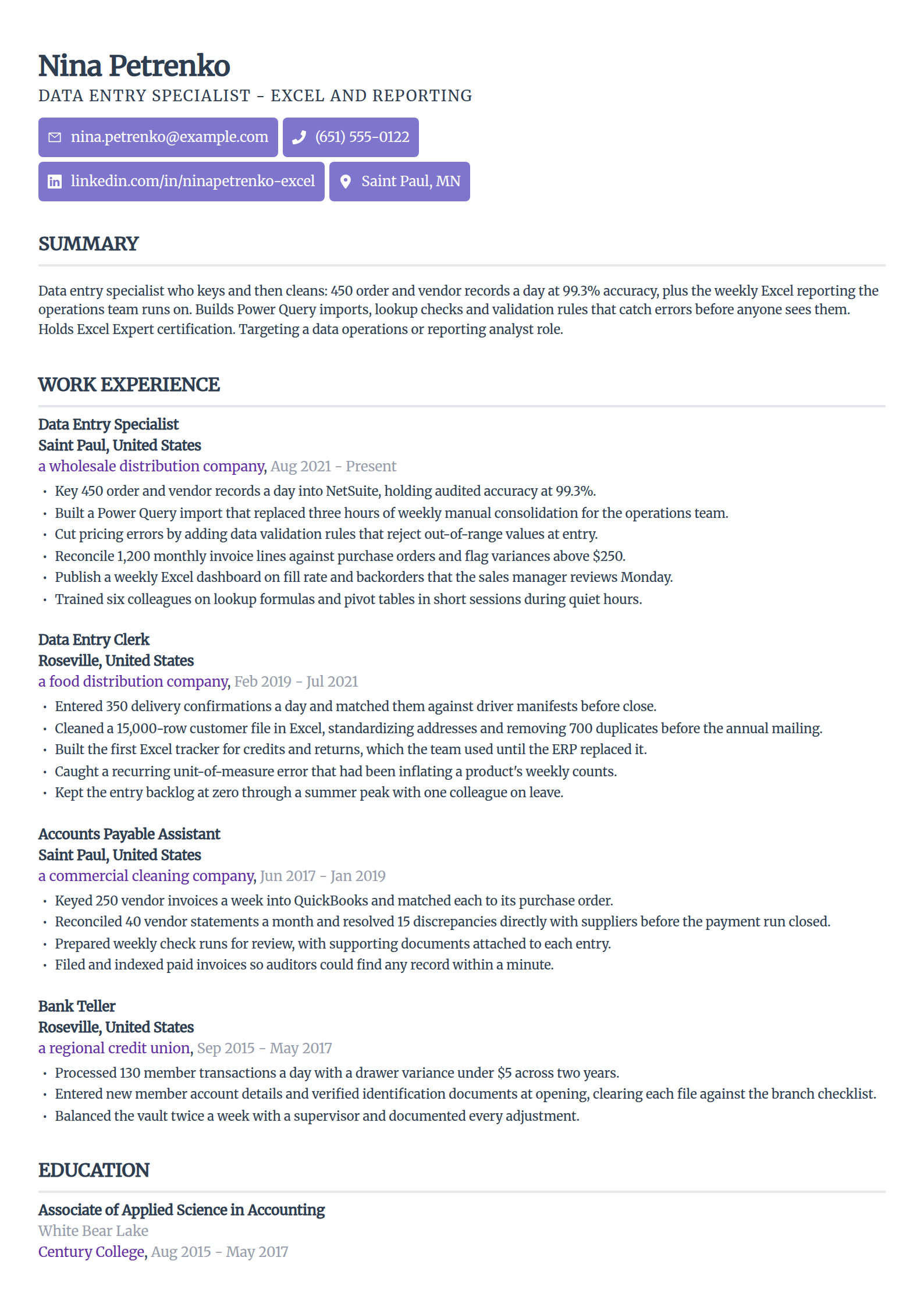 Excel-focused data entry specialist resume example in the Sleek Framework template