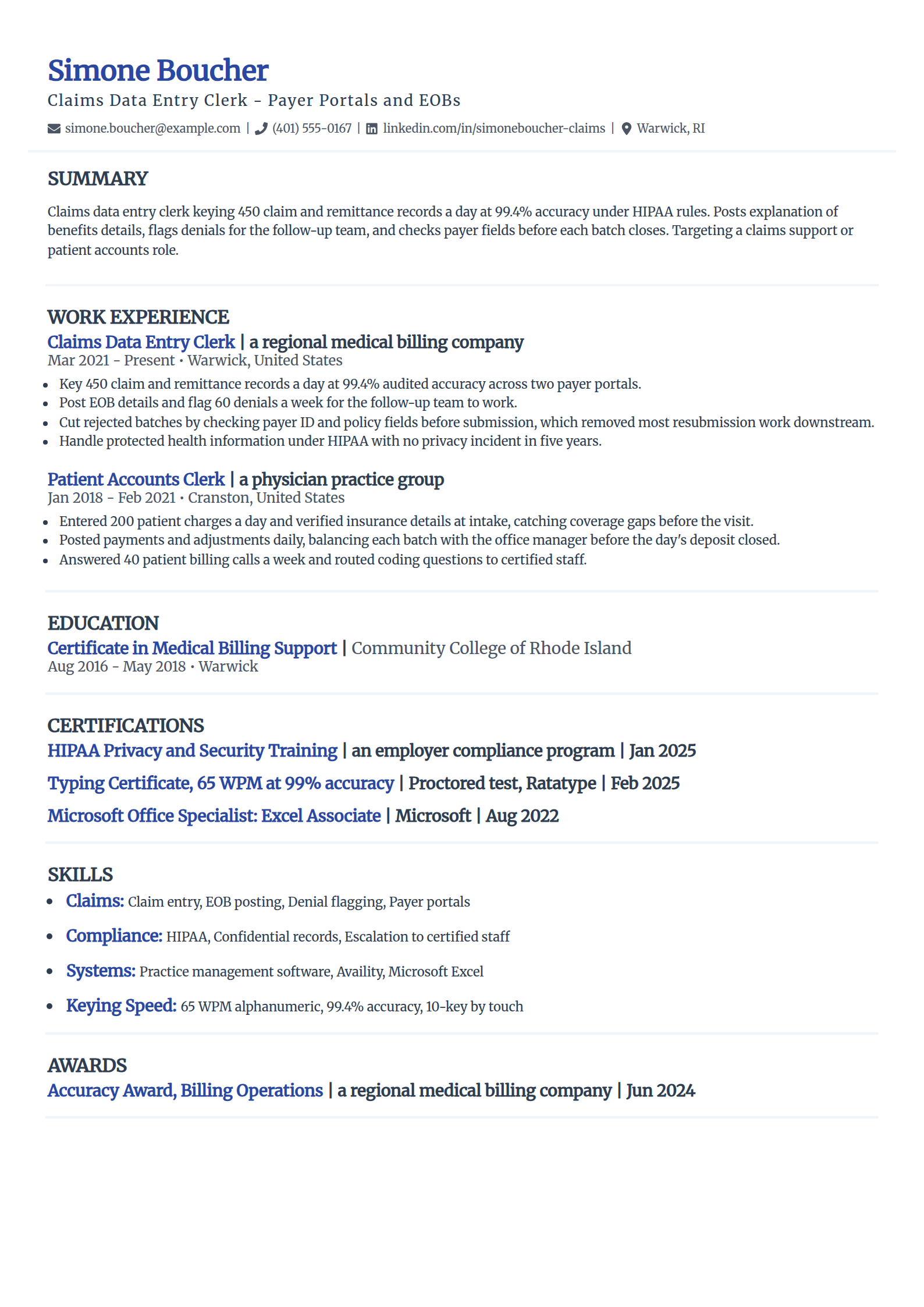 Insurance and claims data entry clerk resume example in the Elegant template