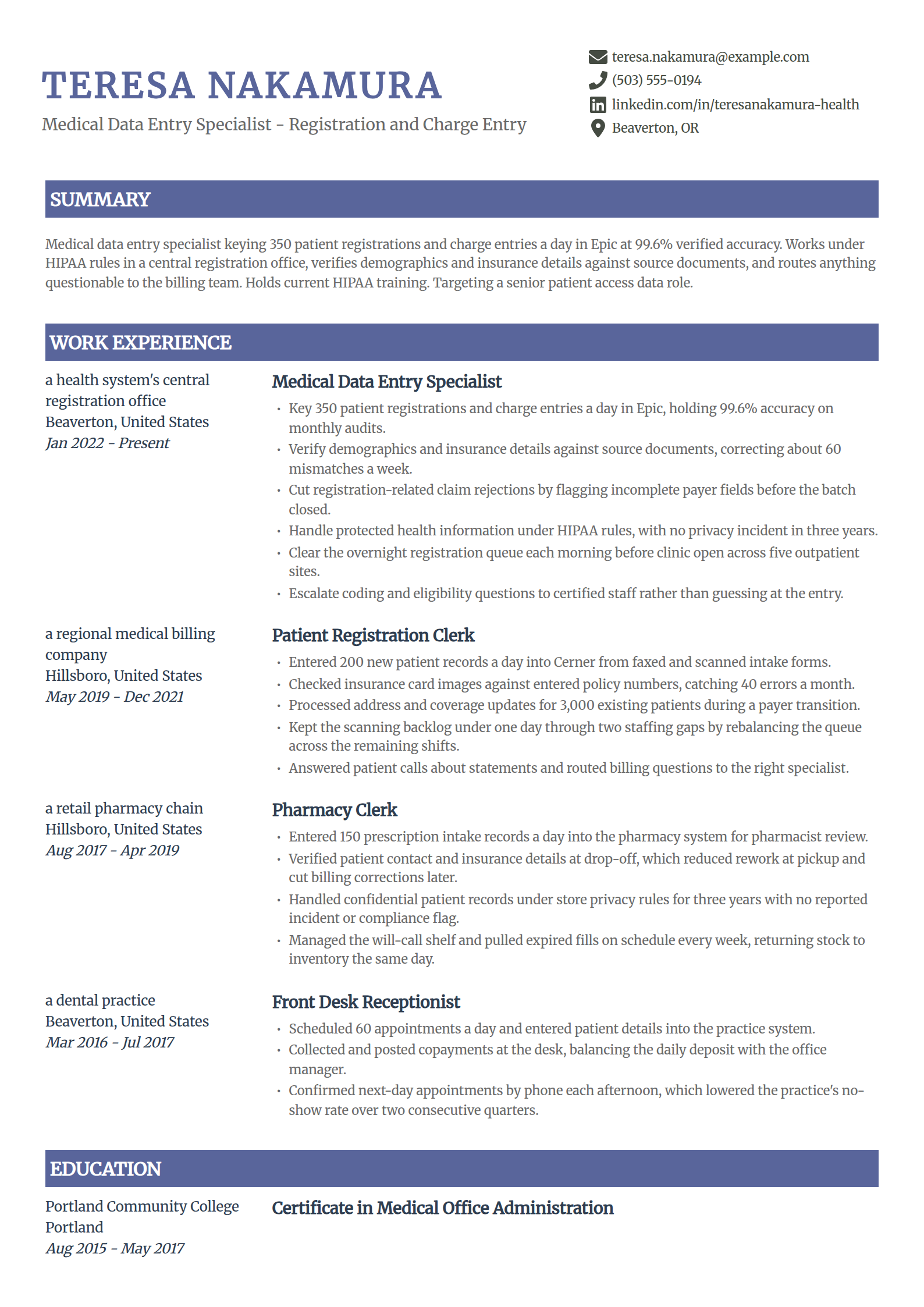 Medical data entry specialist resume example in the Catalyst template