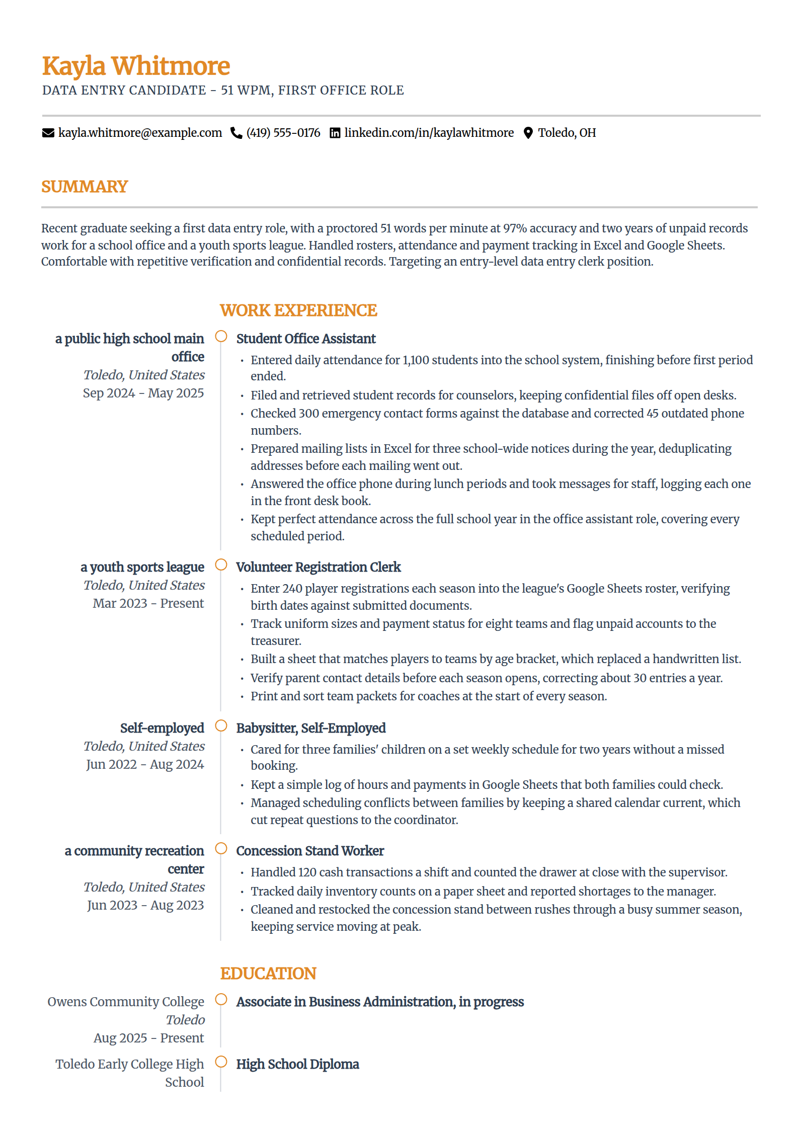 Data entry resume example with no experience in the Zenith template