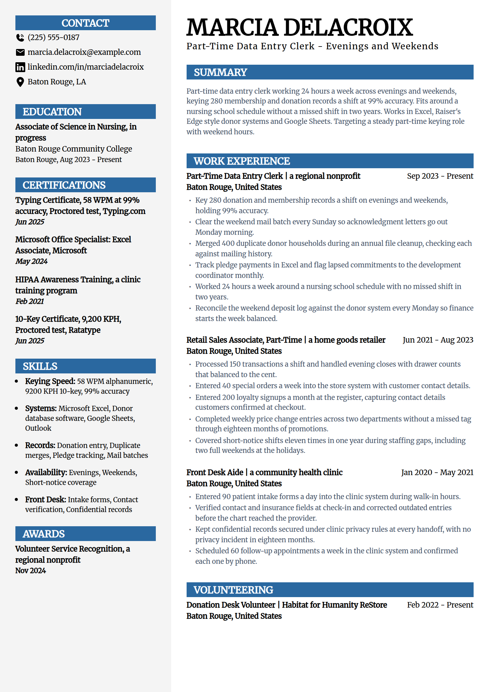 Part-time data entry clerk resume example in the Mosaic template