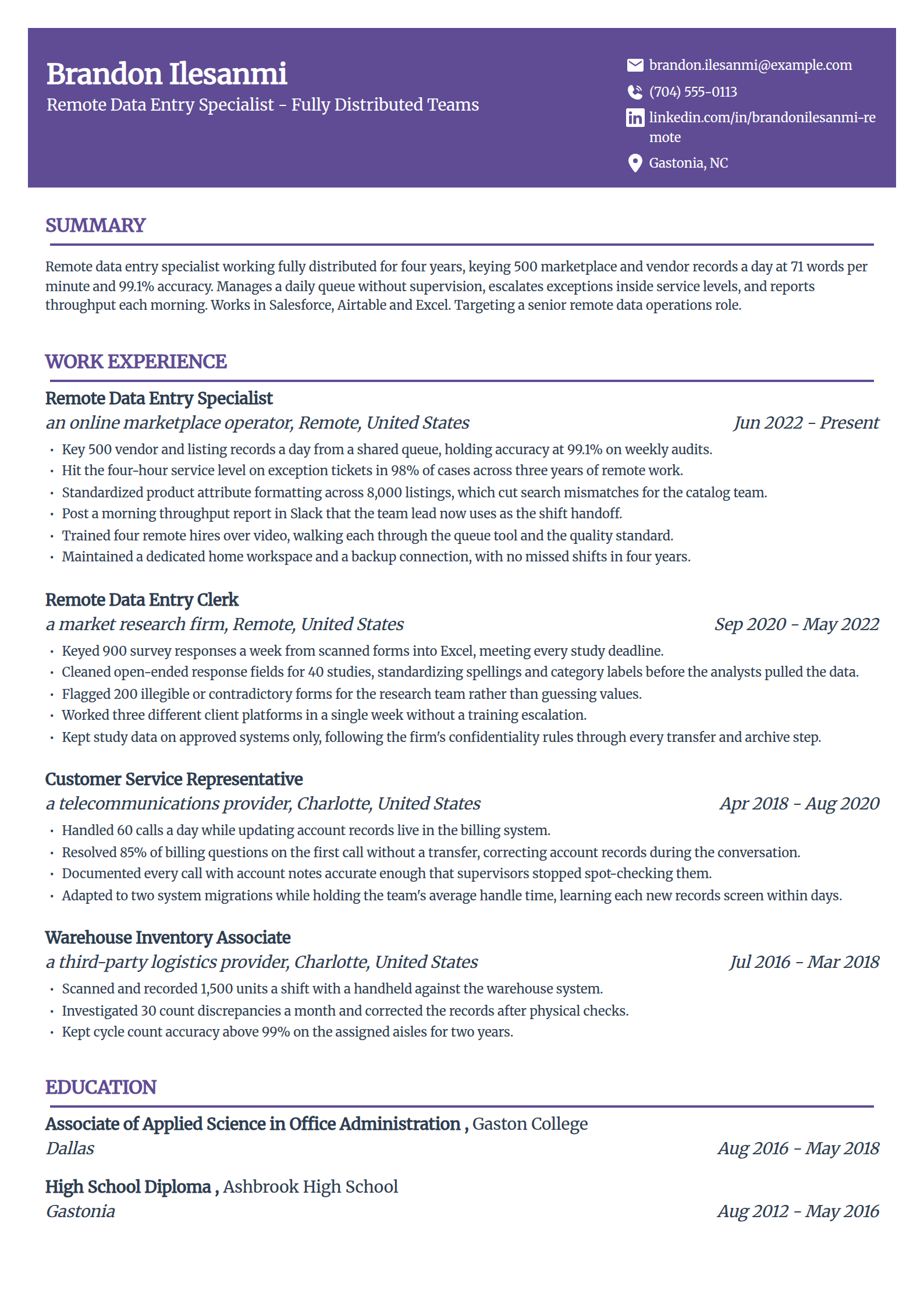 Remote work from home data entry specialist resume example in the Panorama template