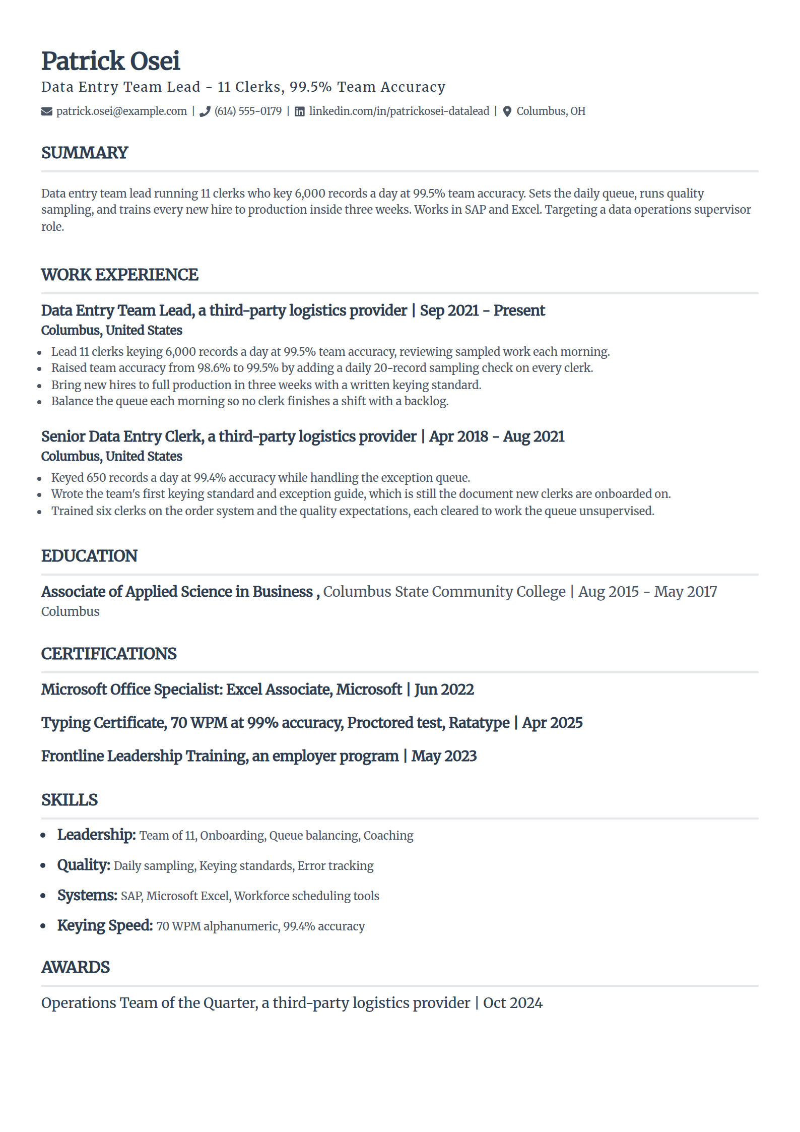 Data entry team lead resume example in the Classic template