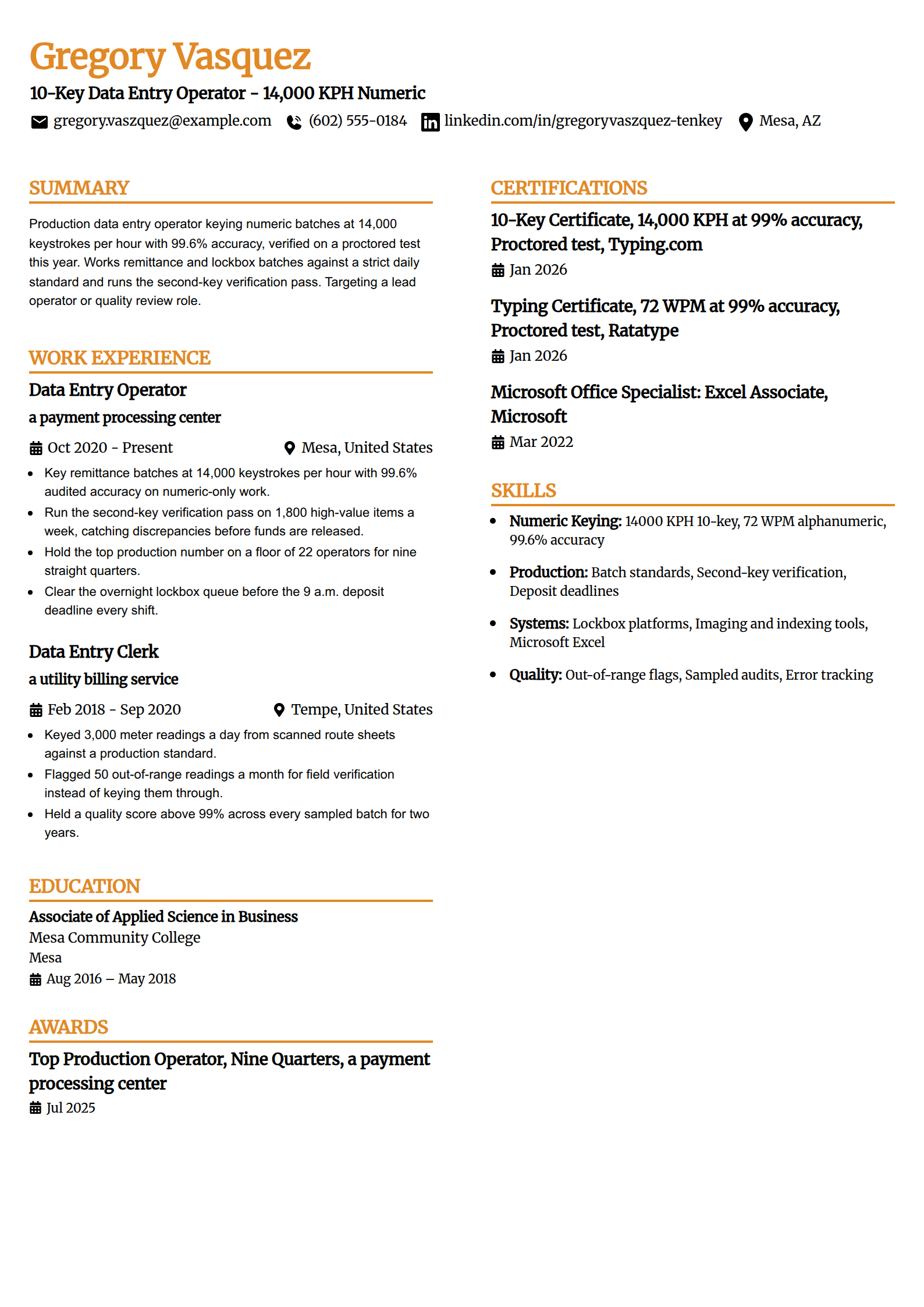 10-key numeric data entry operator resume example in the Professional Edge template