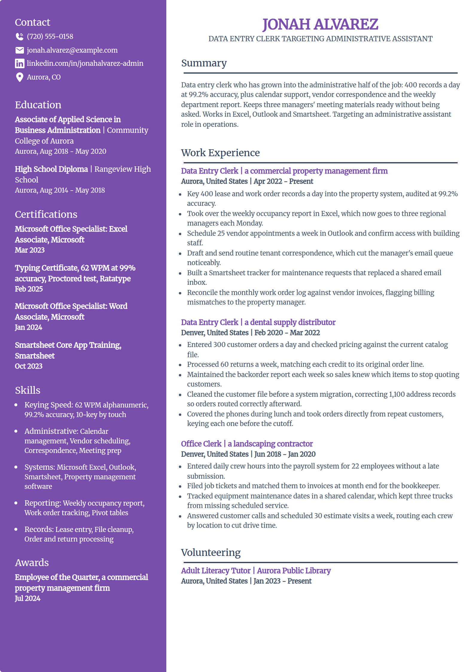 Data entry clerk moving into an administrative assistant role resume example in the Pioneer template
