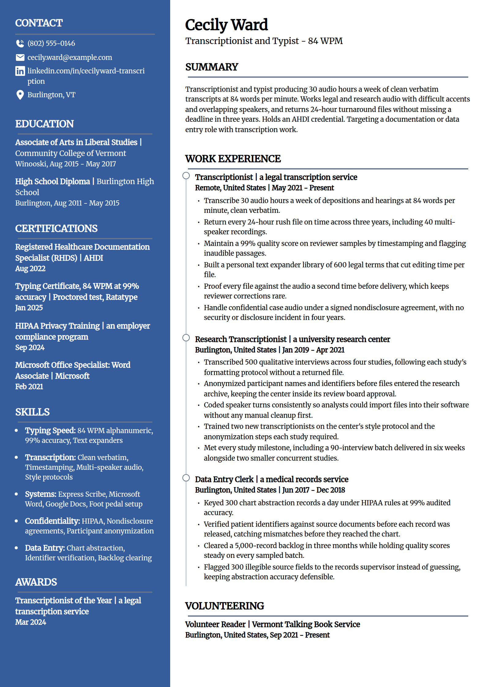 Typist and transcriptionist resume example in the Creative template