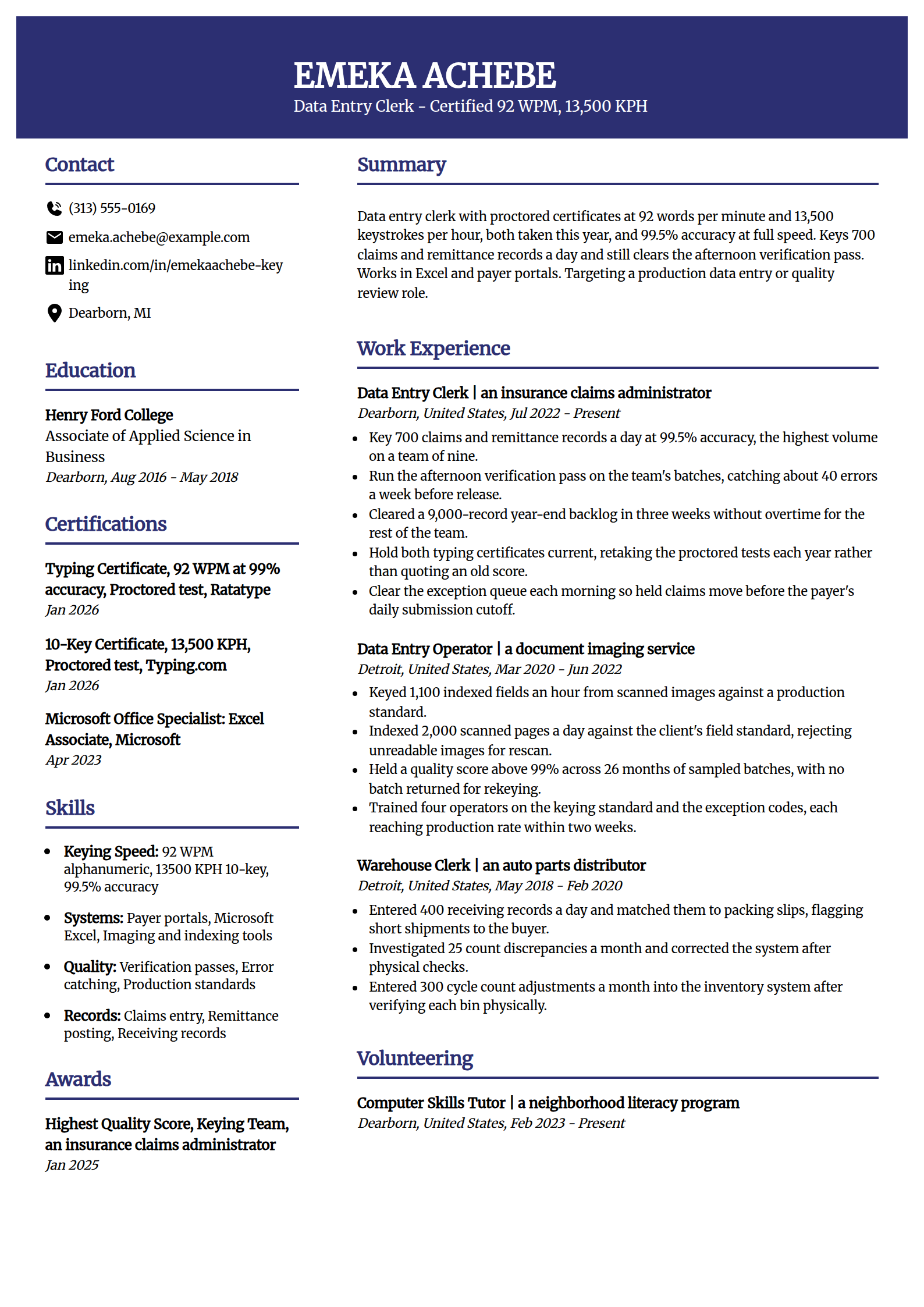 Data entry clerk with typing certification resume example in the Visionary template