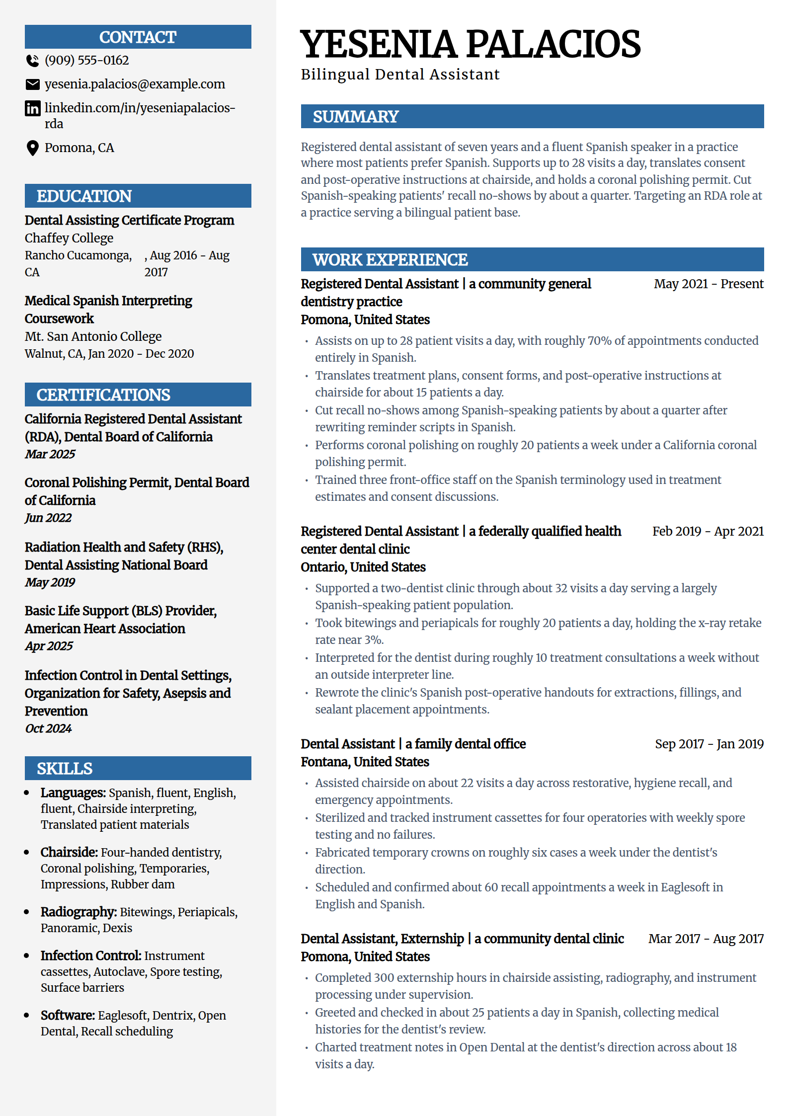 Bilingual Dental Assistant resume example in the Mosaic template