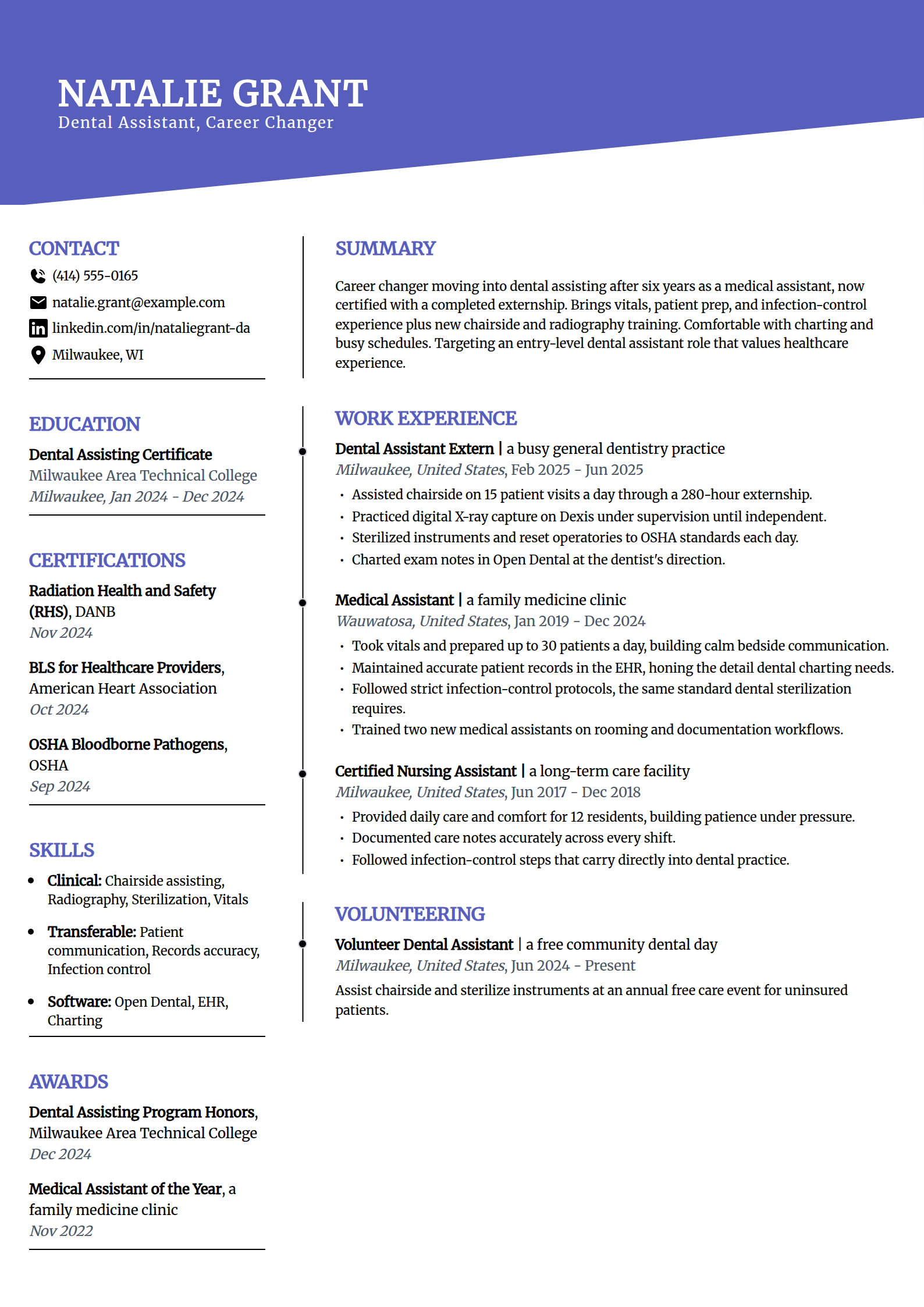 Career-change Dental Assistant resume example in the Orbit template