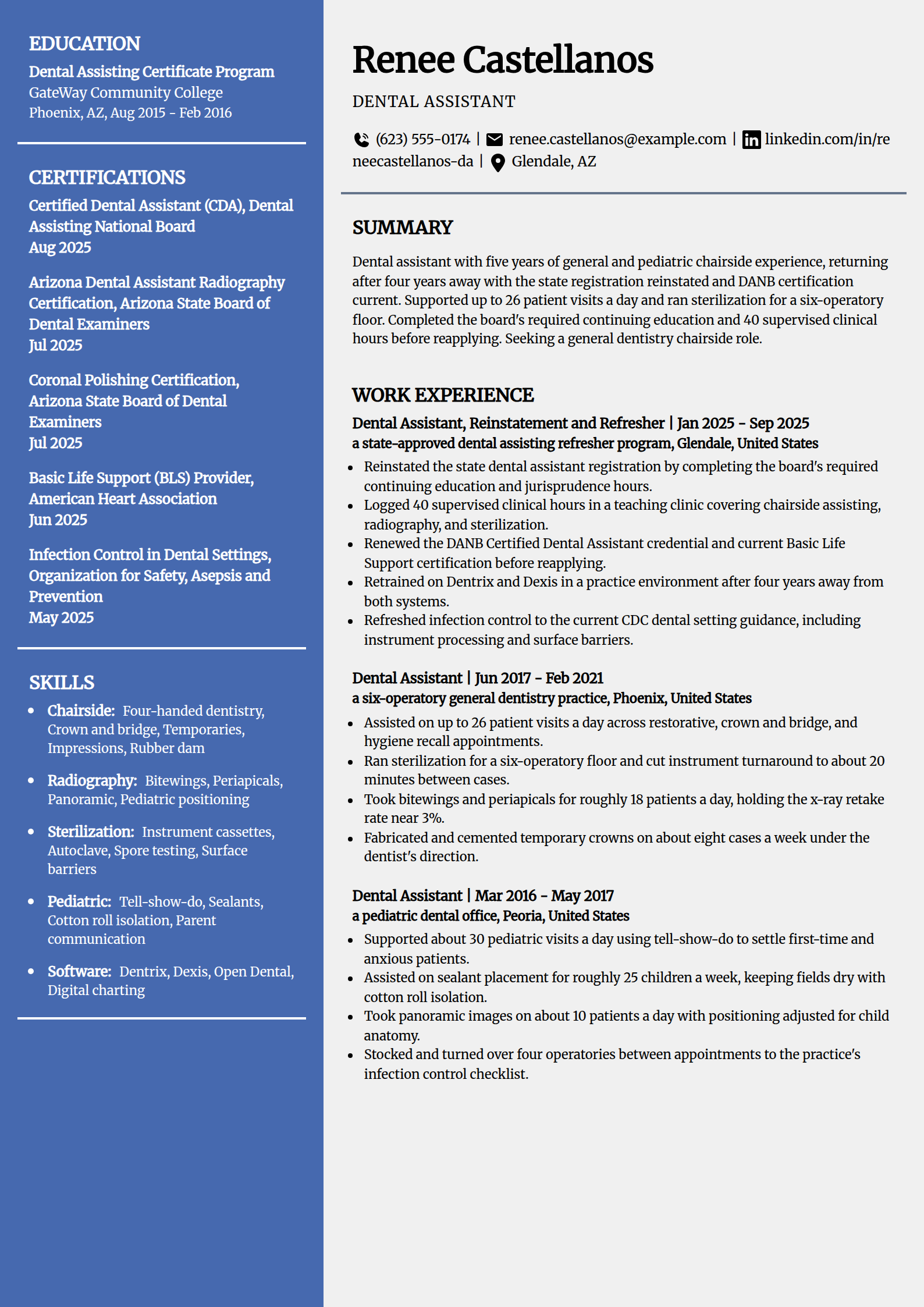 Dental Assistant returning after a career gap resume example in the Innovative template