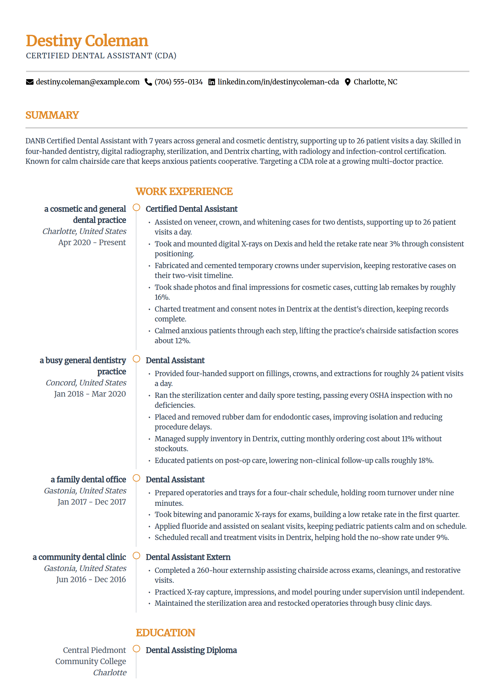 Certified Dental Assistant resume example in the Zenith template