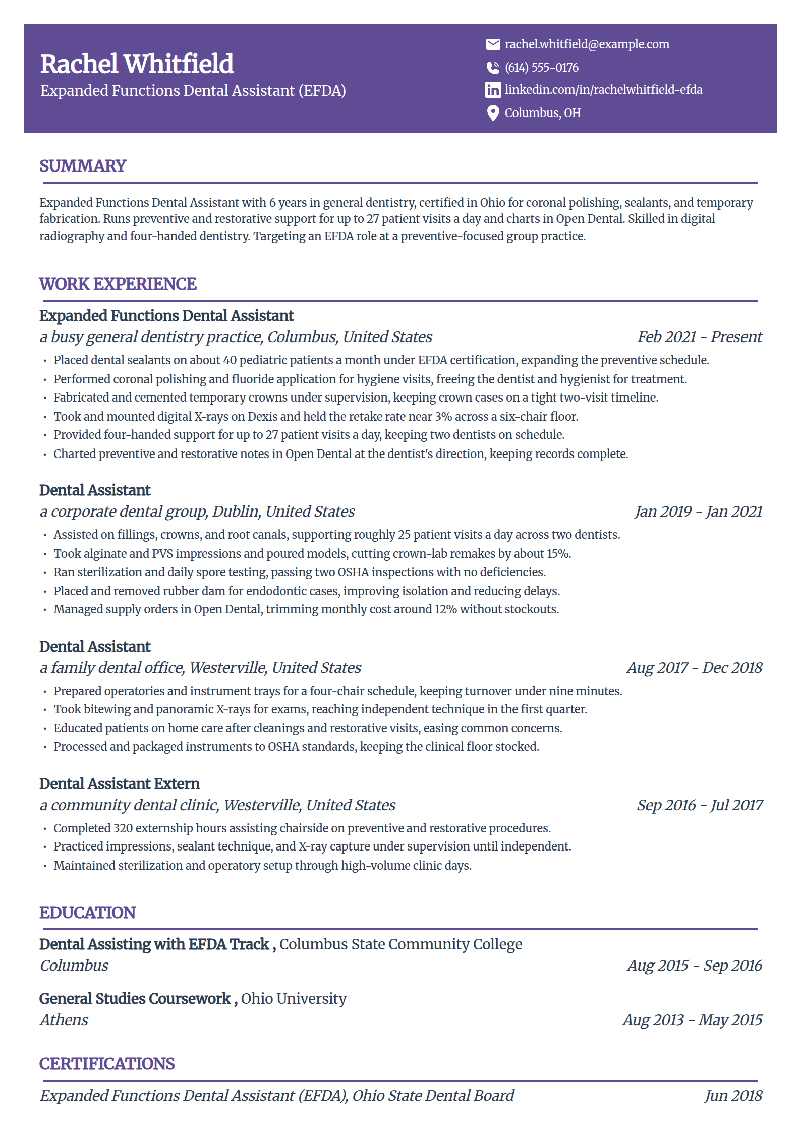 Expanded Functions Dental Assistant resume example in the Panorama template