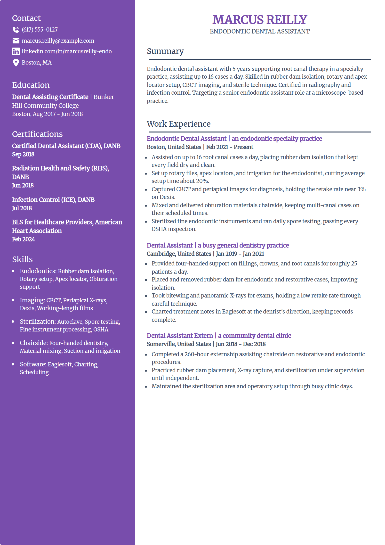 Endodontic Dental Assistant resume example in the Pioneer template