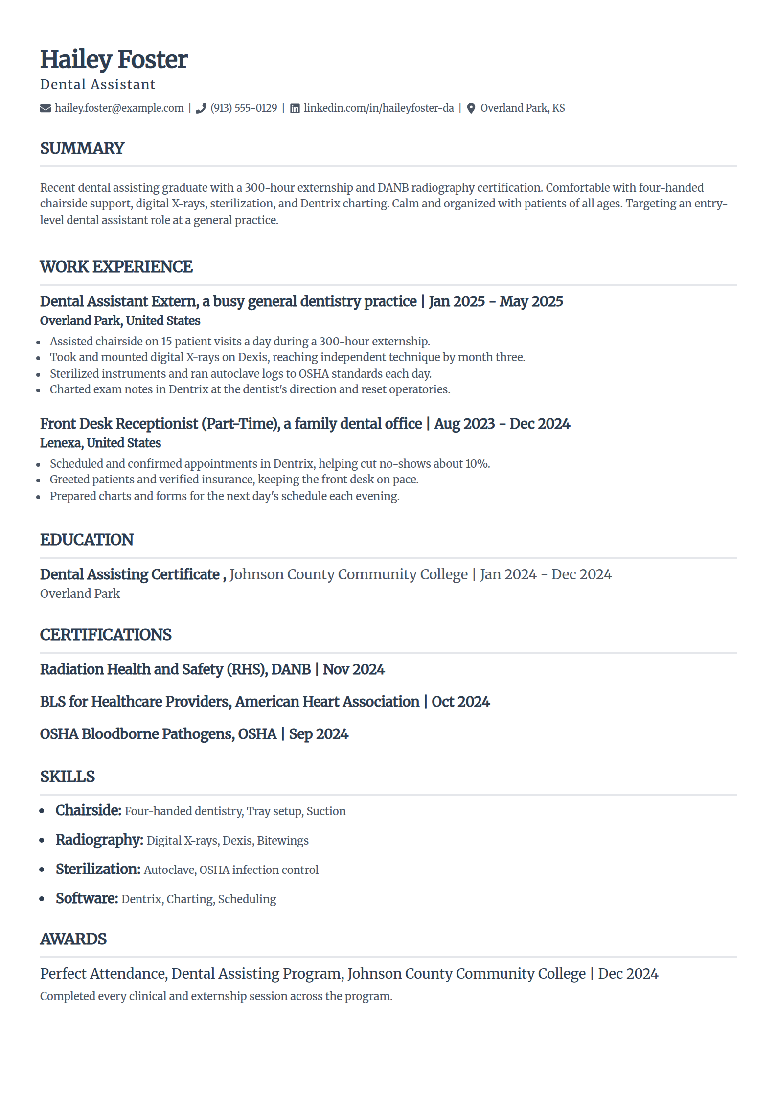 Entry-Level Dental Assistant resume example in the Classic template