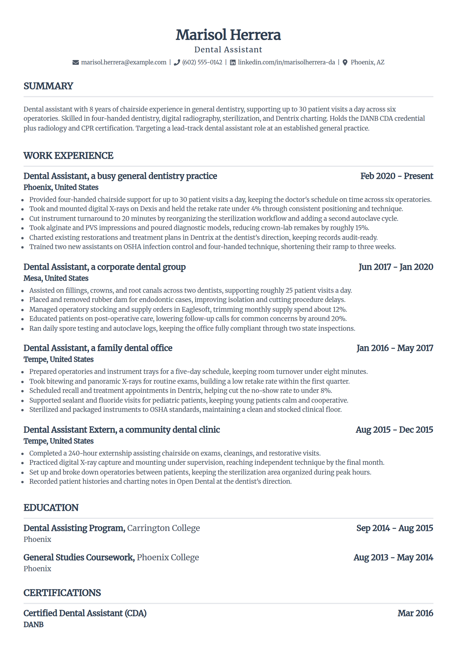 Experienced Dental Assistant resume example in the Standard template