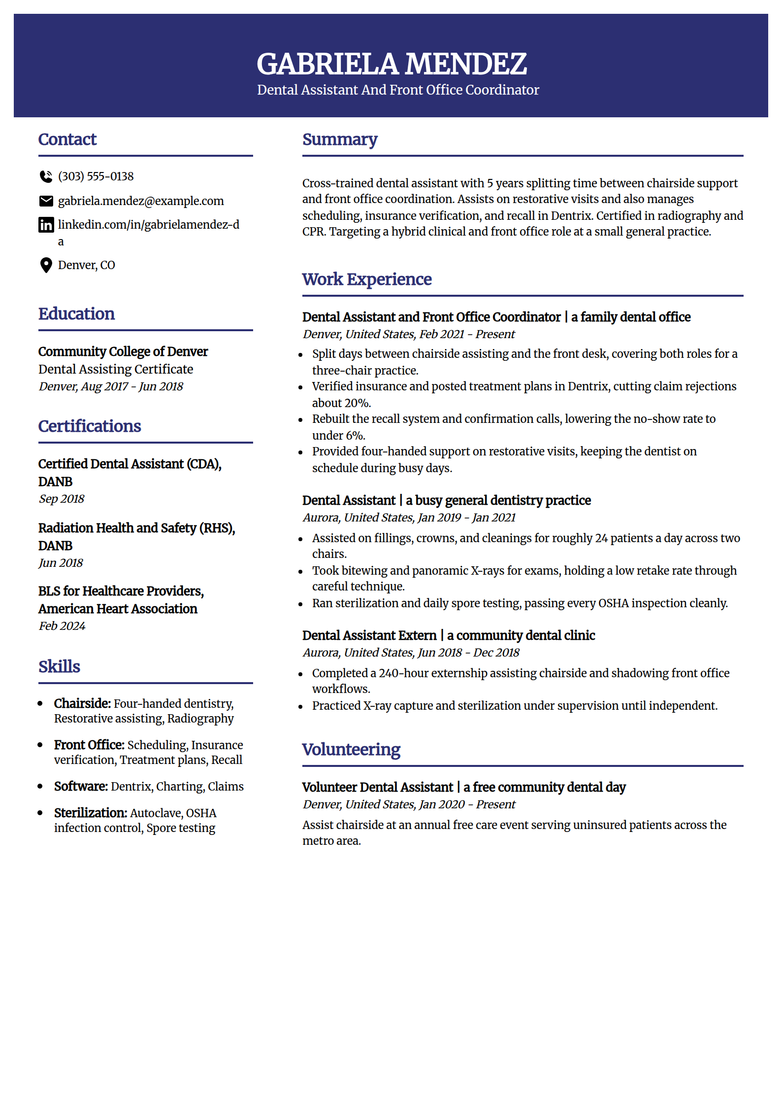 Dental Assistant and Front Office Coordinator resume example in the Visionary template