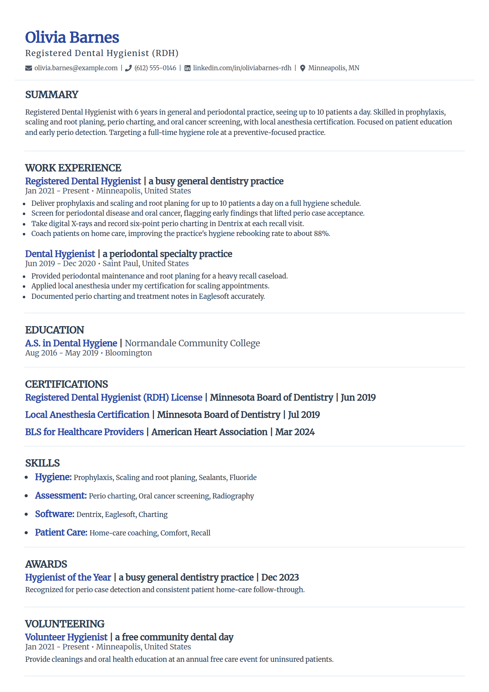 Dental Hygienist resume example in the Elegant template