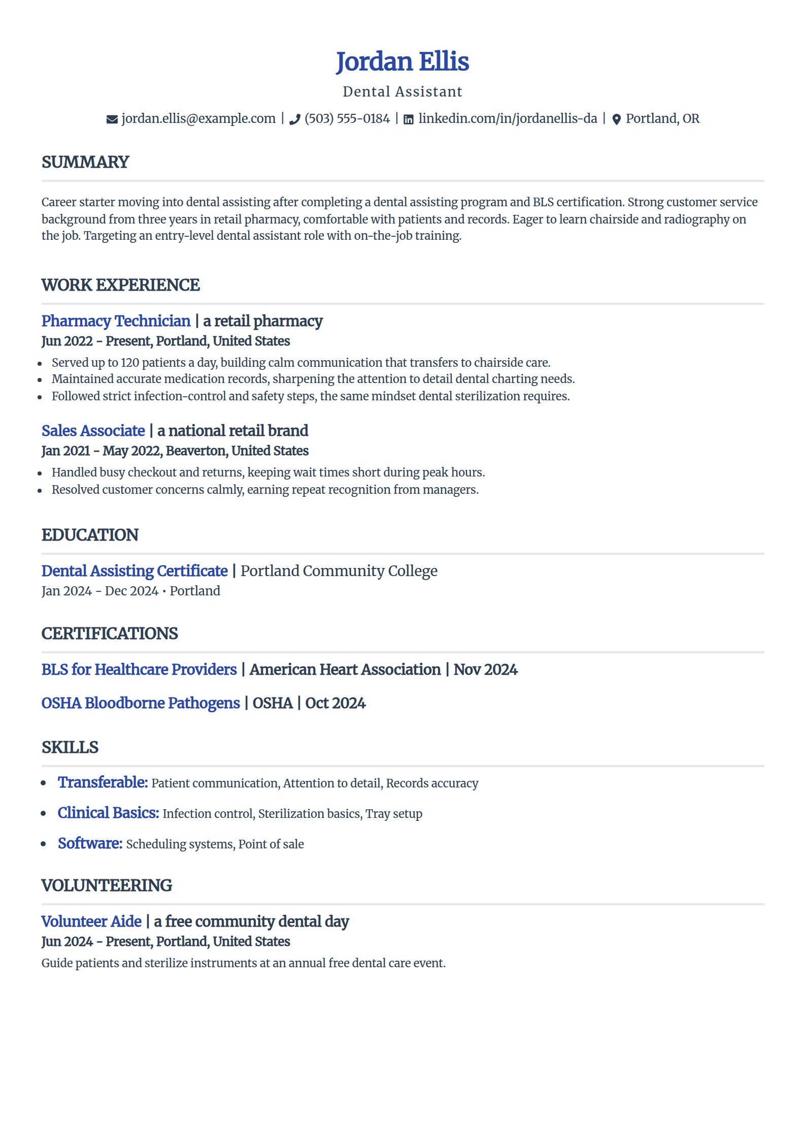 Dental Assistant with no experience resume example in the Simple template