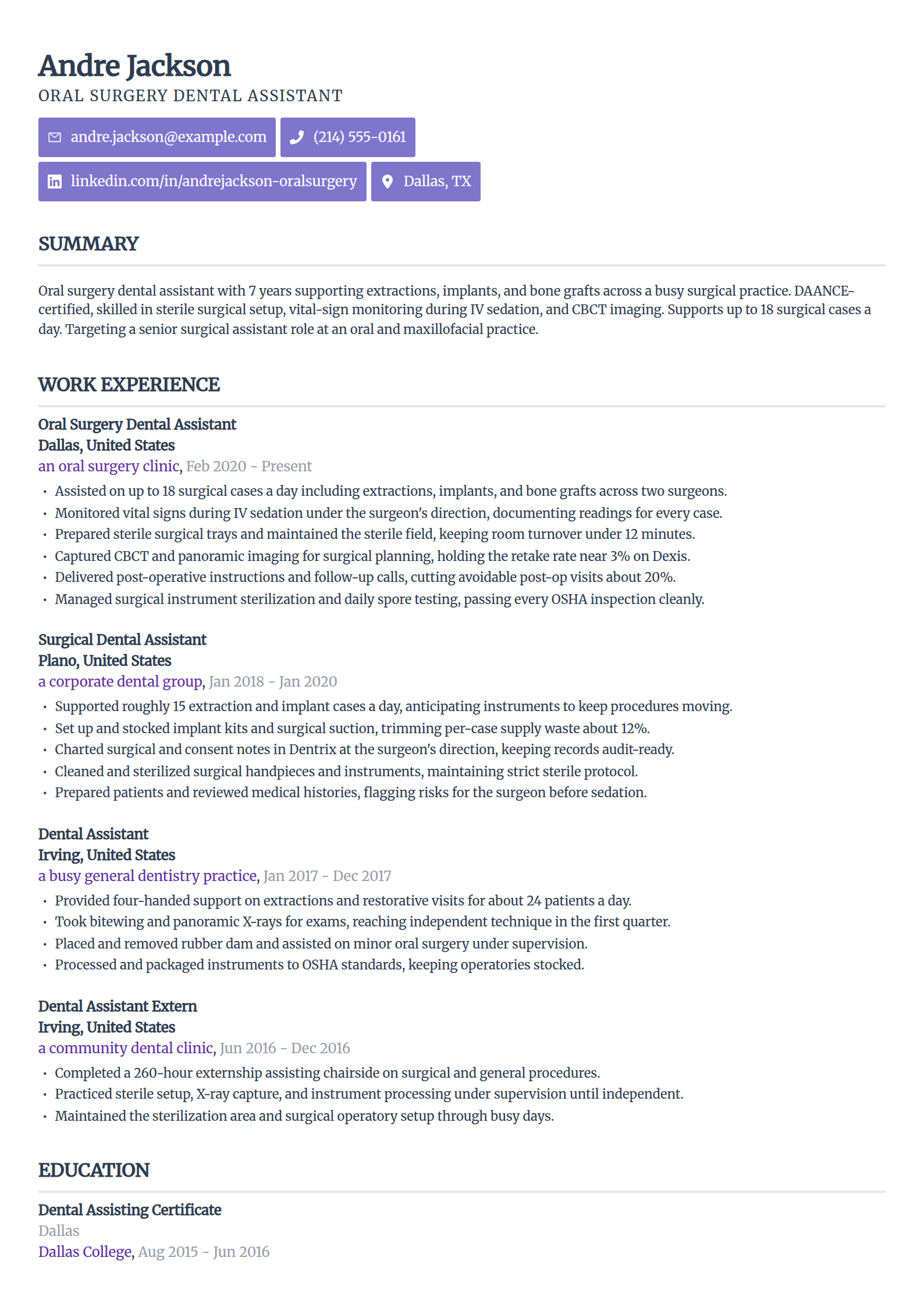 Oral Surgery Dental Assistant resume example in the Sleek Framework template