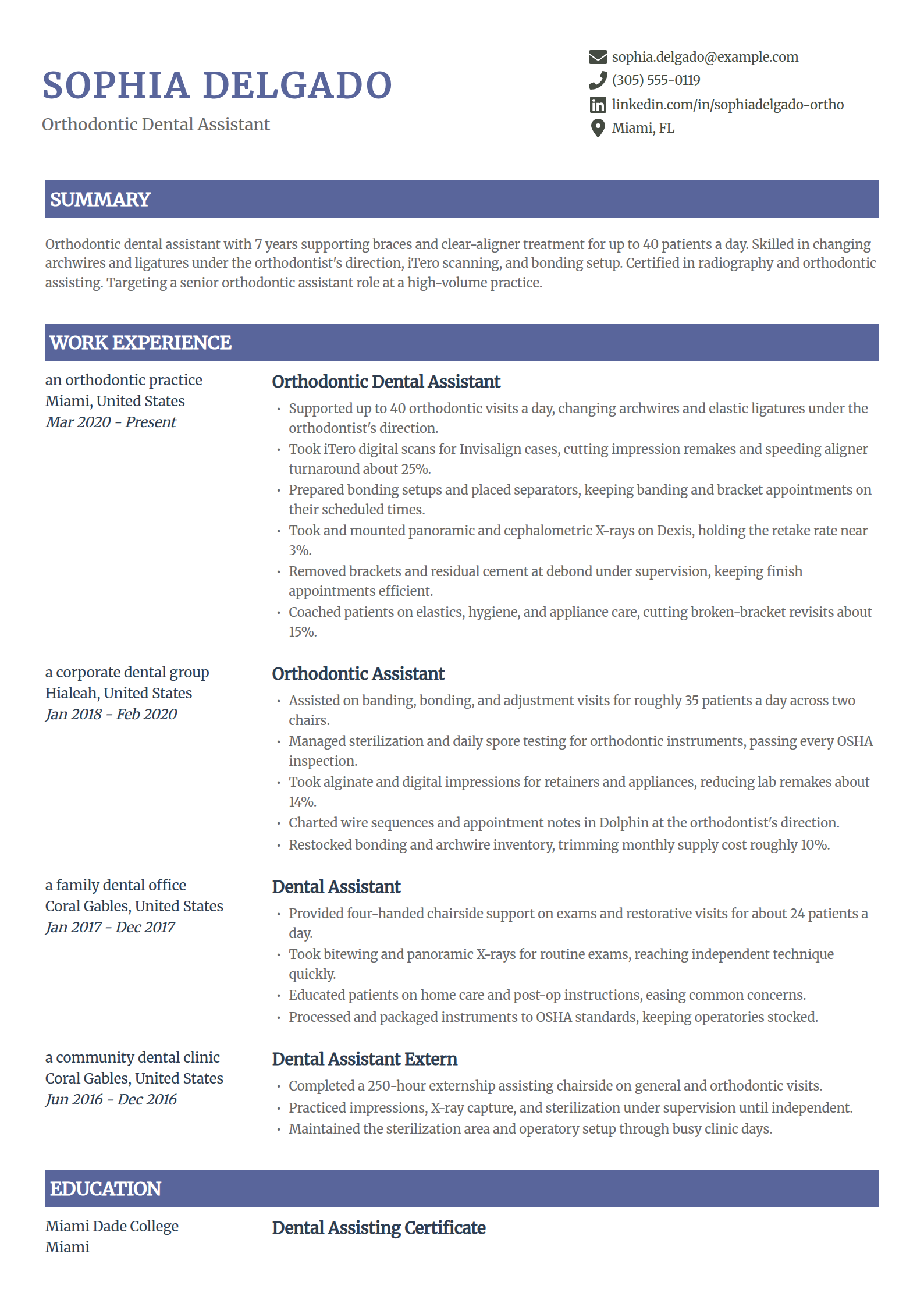 Orthodontic Dental Assistant resume example in the Catalyst template