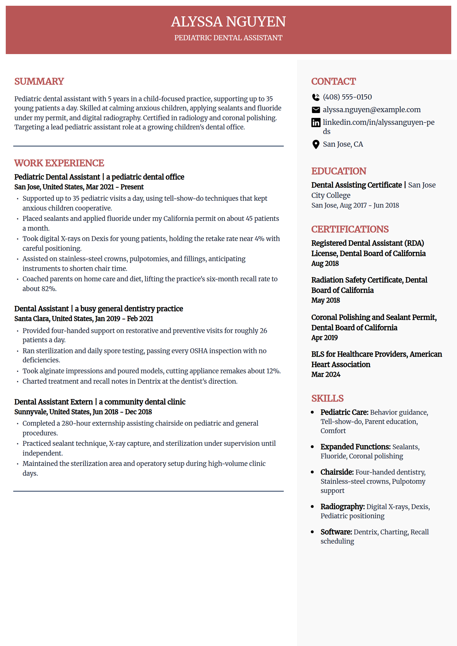 Pediatric Dental Assistant resume example in the Executive template