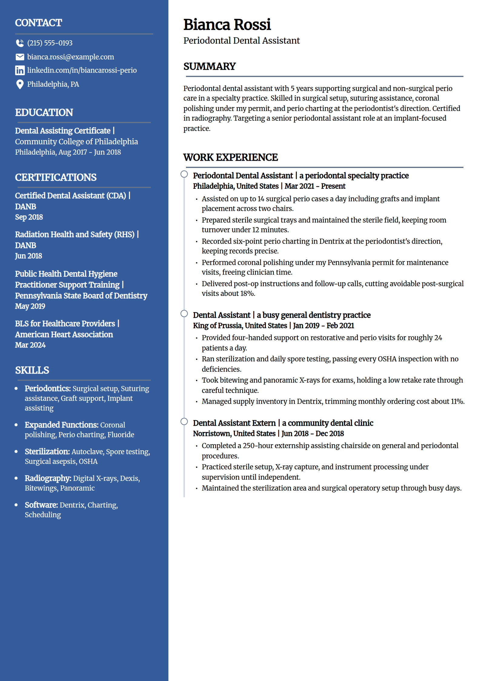 Periodontal Dental Assistant resume example in the Creative template