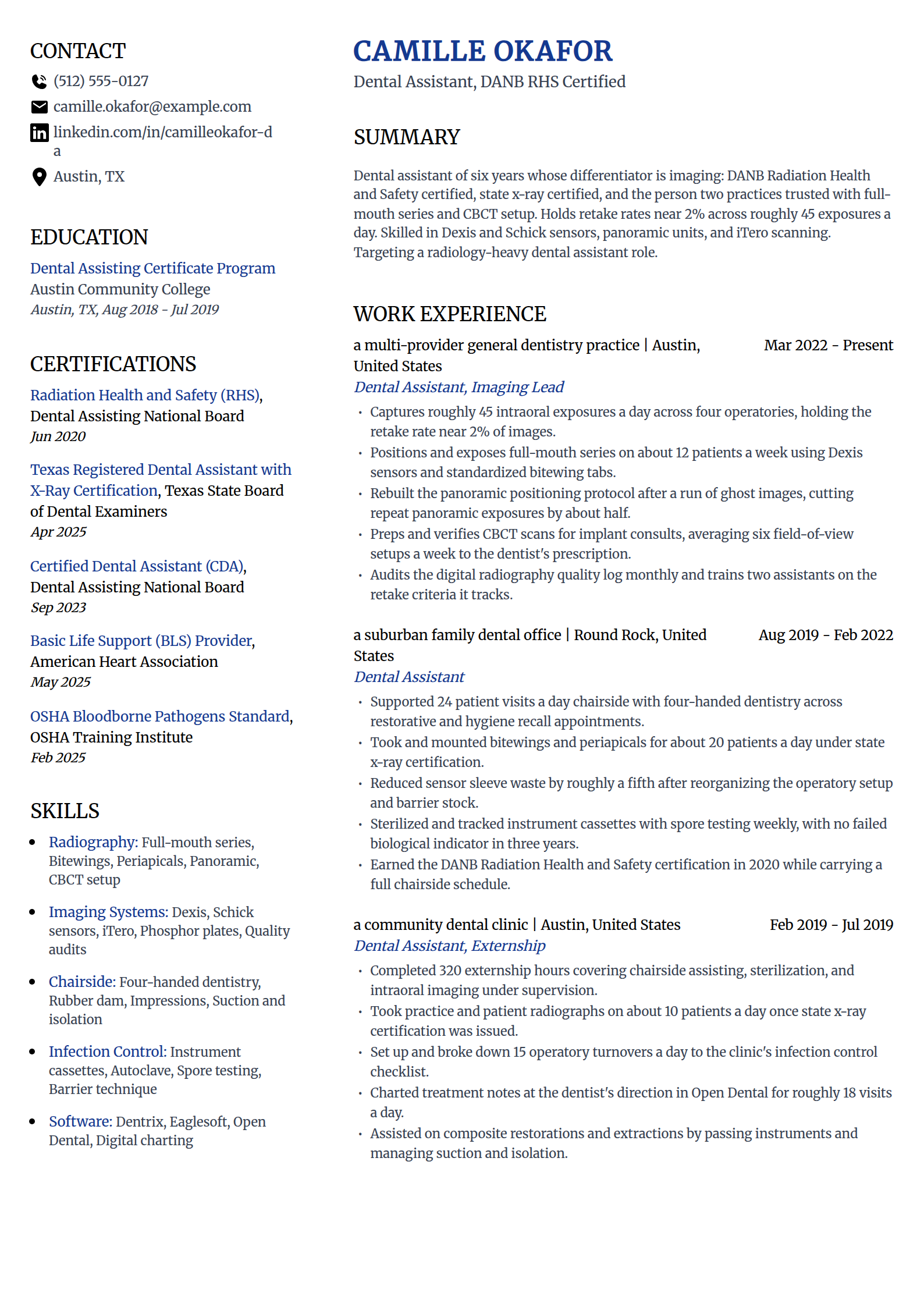 Radiology-certified Dental Assistant resume example in the Voyage template