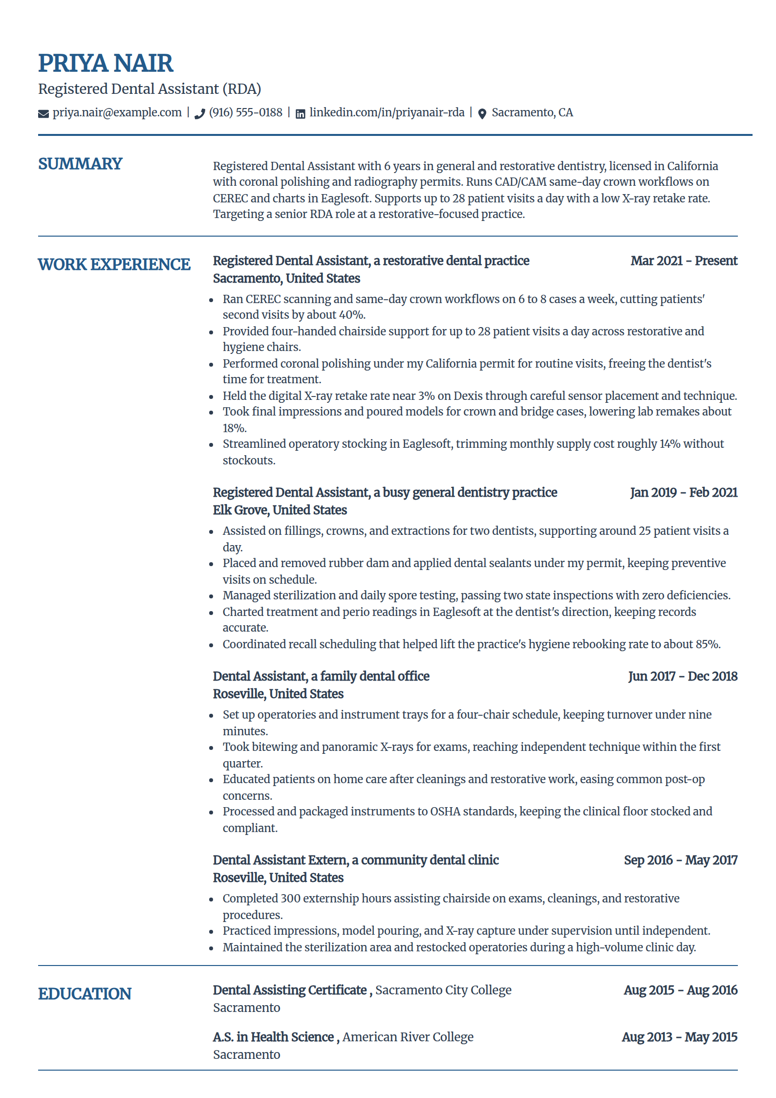 Registered Dental Assistant resume example in the Craft template