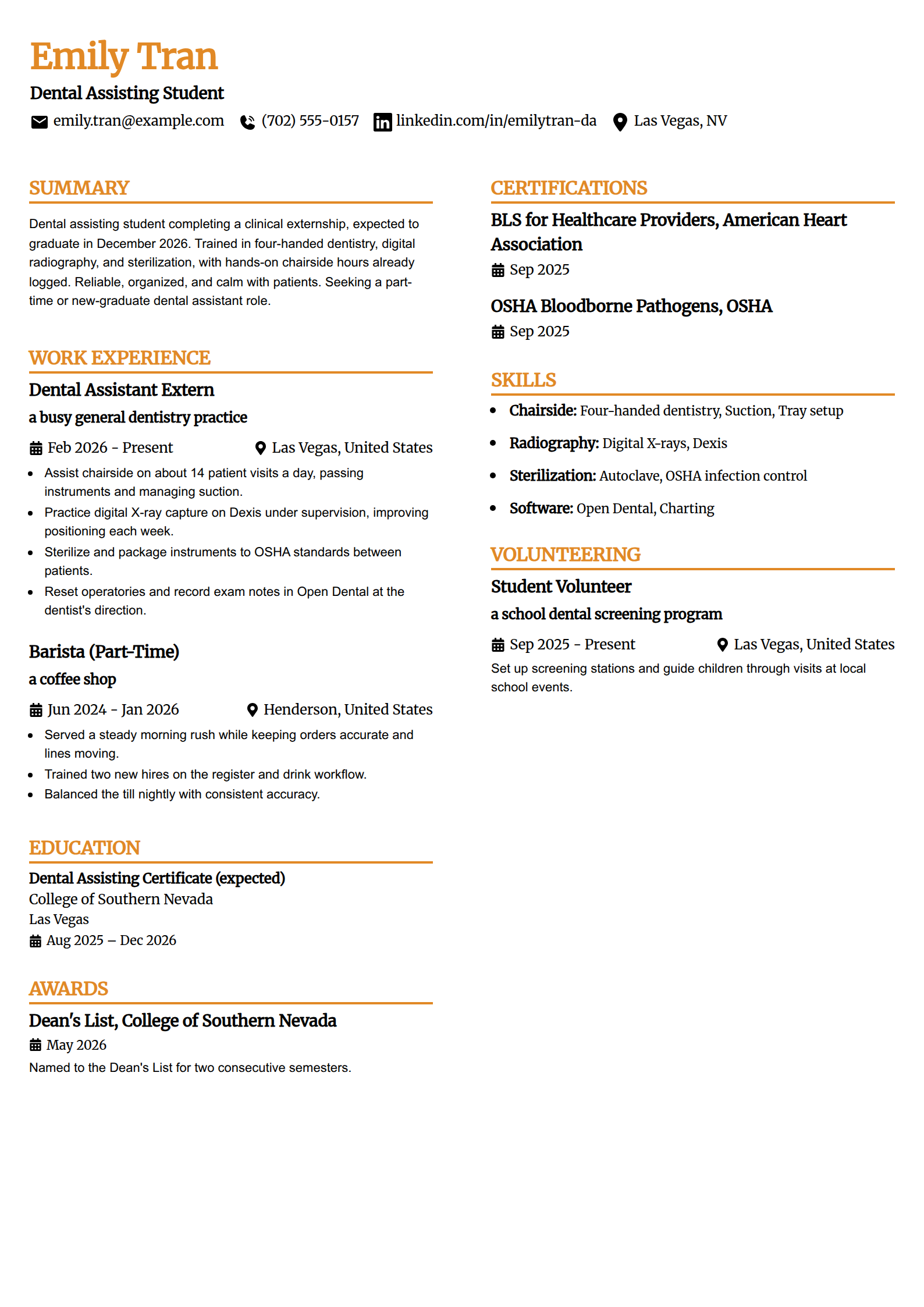 Dental Assisting Student resume example in the Professional Edge template