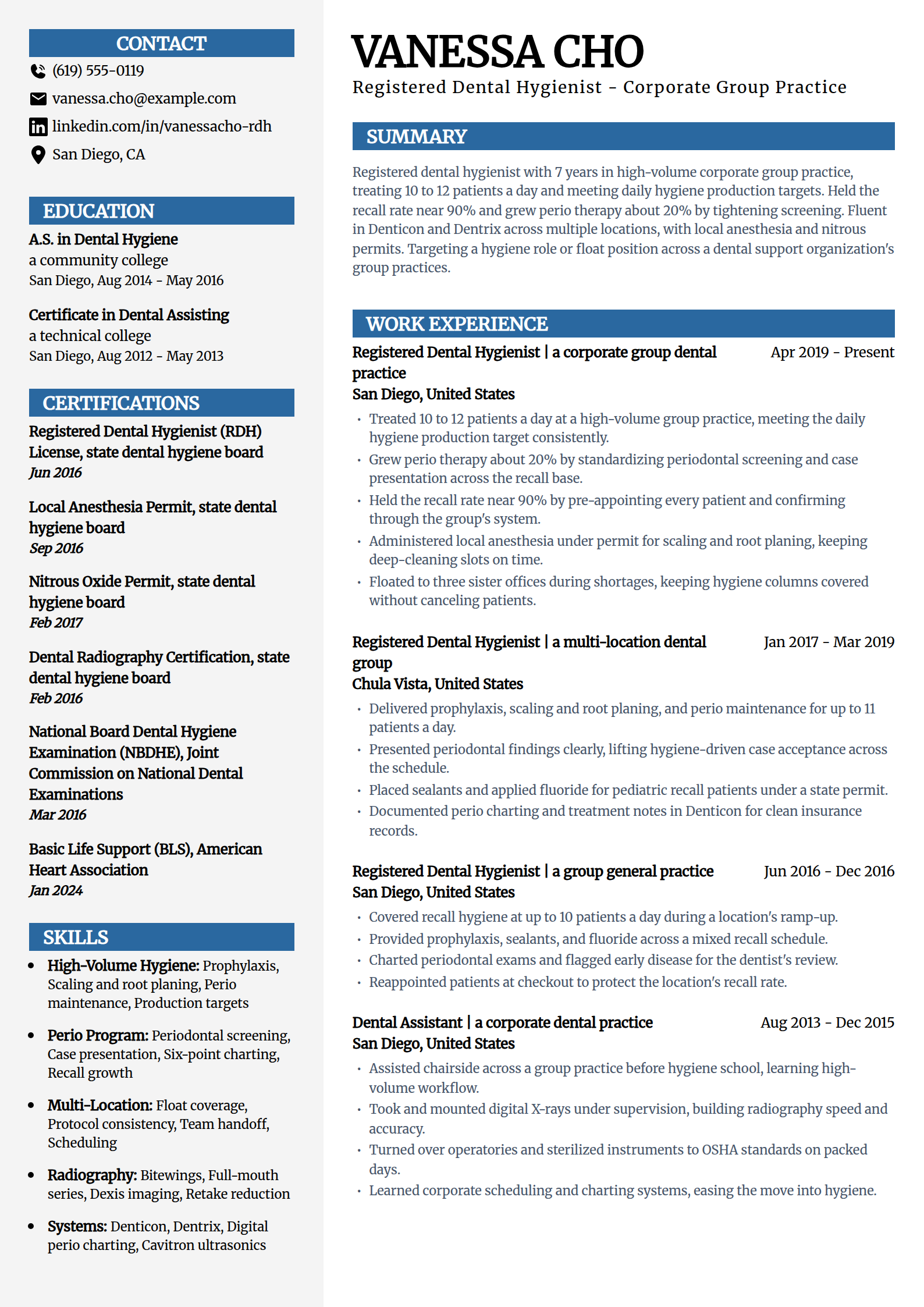 Corporate and DSO Dental Hygienist resume example in the Mosaic template