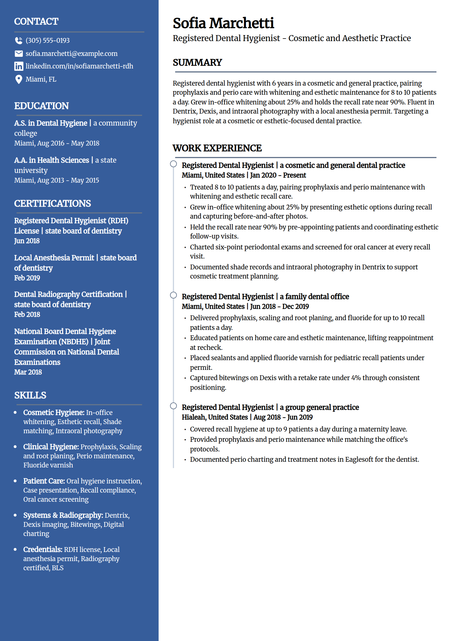 Cosmetic and aesthetic-focused Dental Hygienist resume example in the Creative template