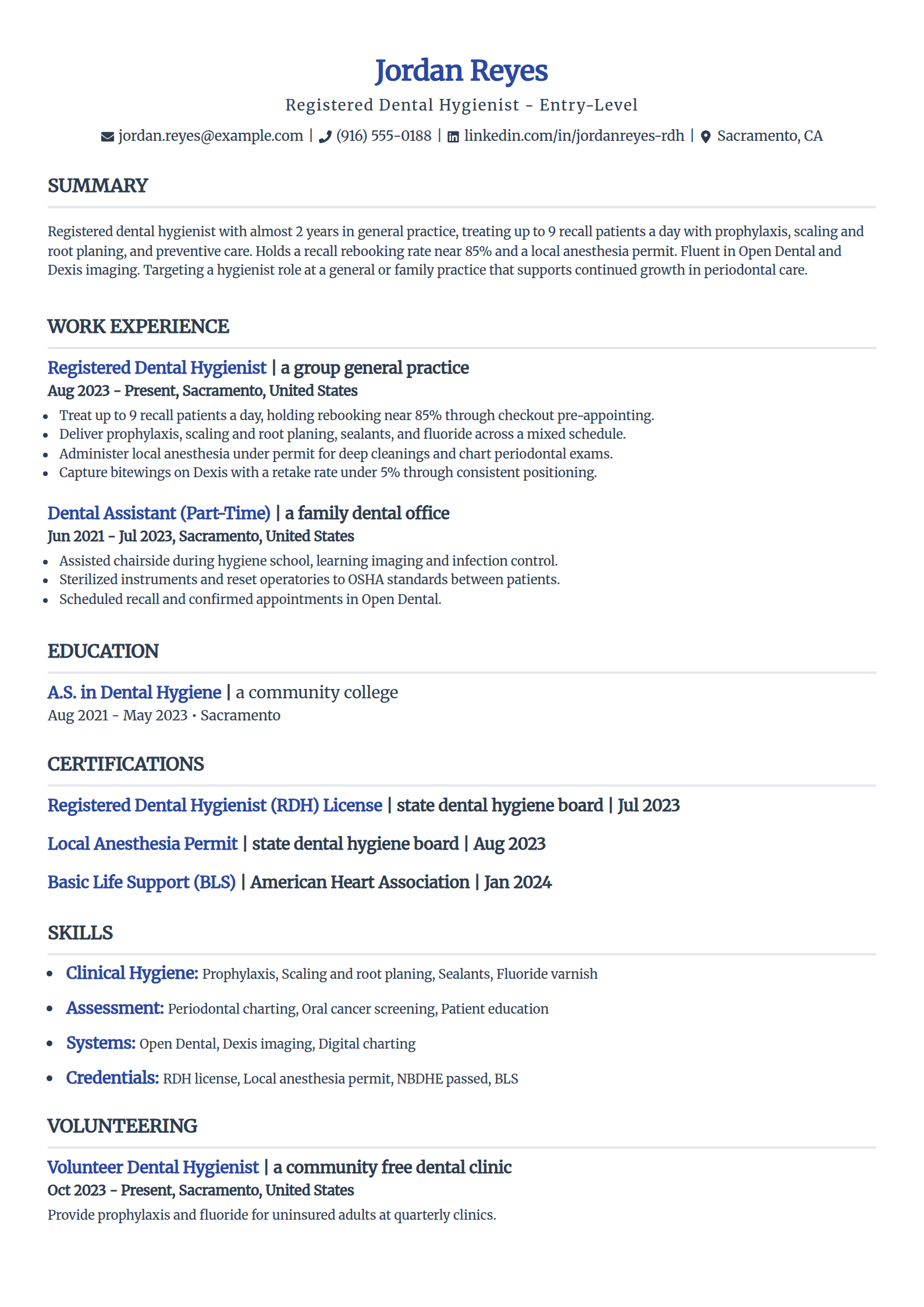 Entry-level Dental Hygienist resume example in the Simple template