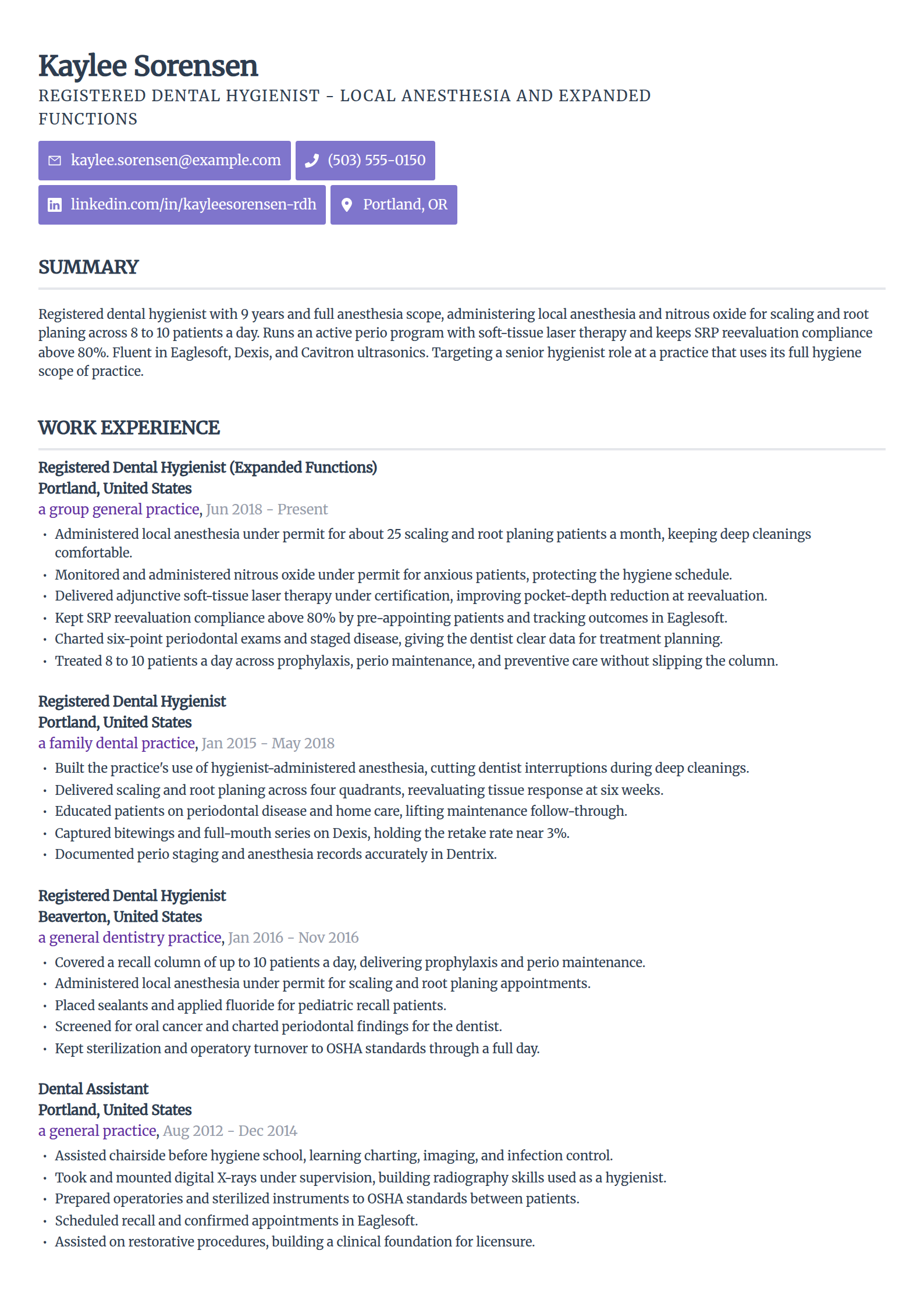 Expanded functions and anesthesia Dental Hygienist resume example in the Sleek Framework template