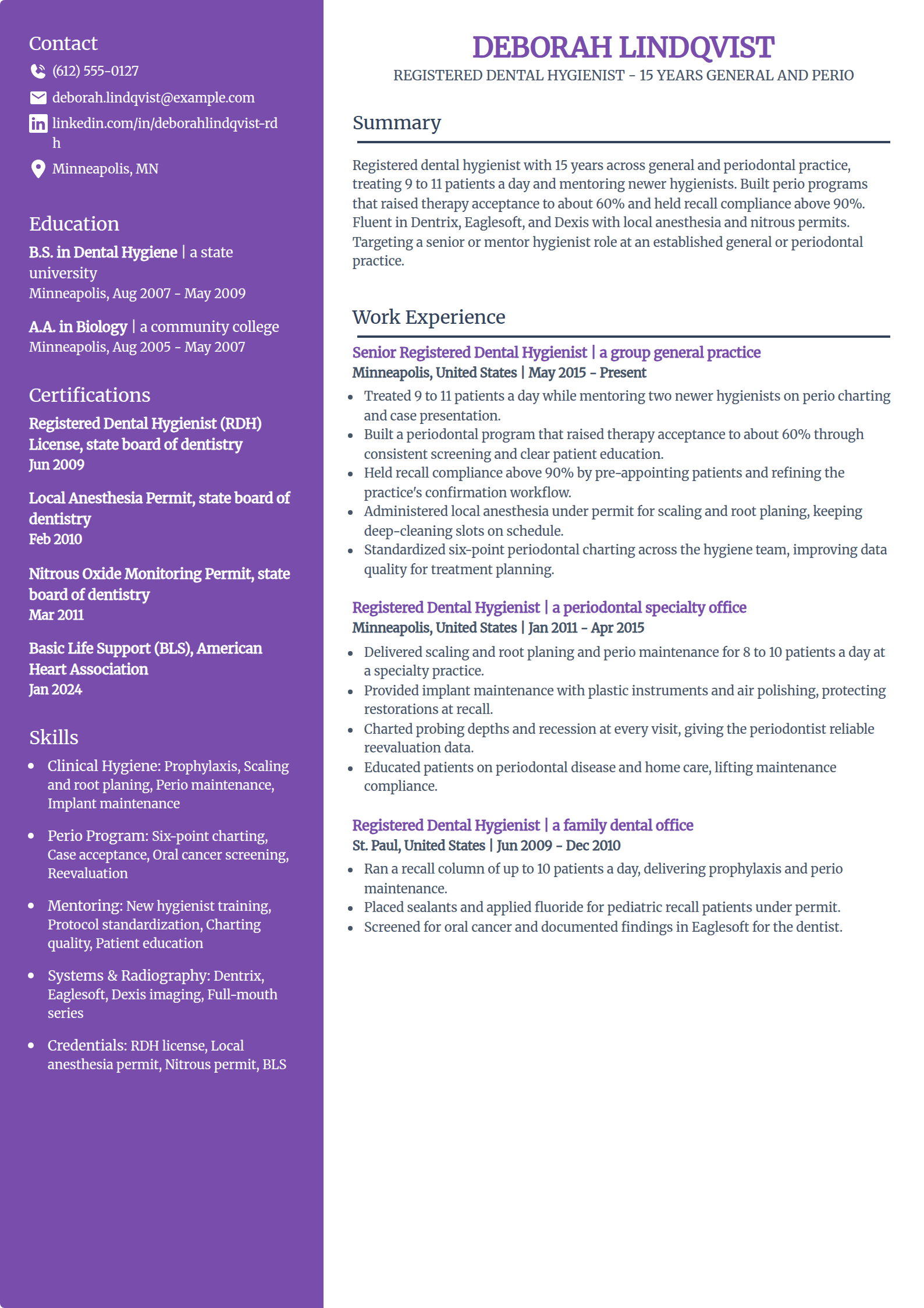 Experienced Dental Hygienist resume example in the Pioneer template