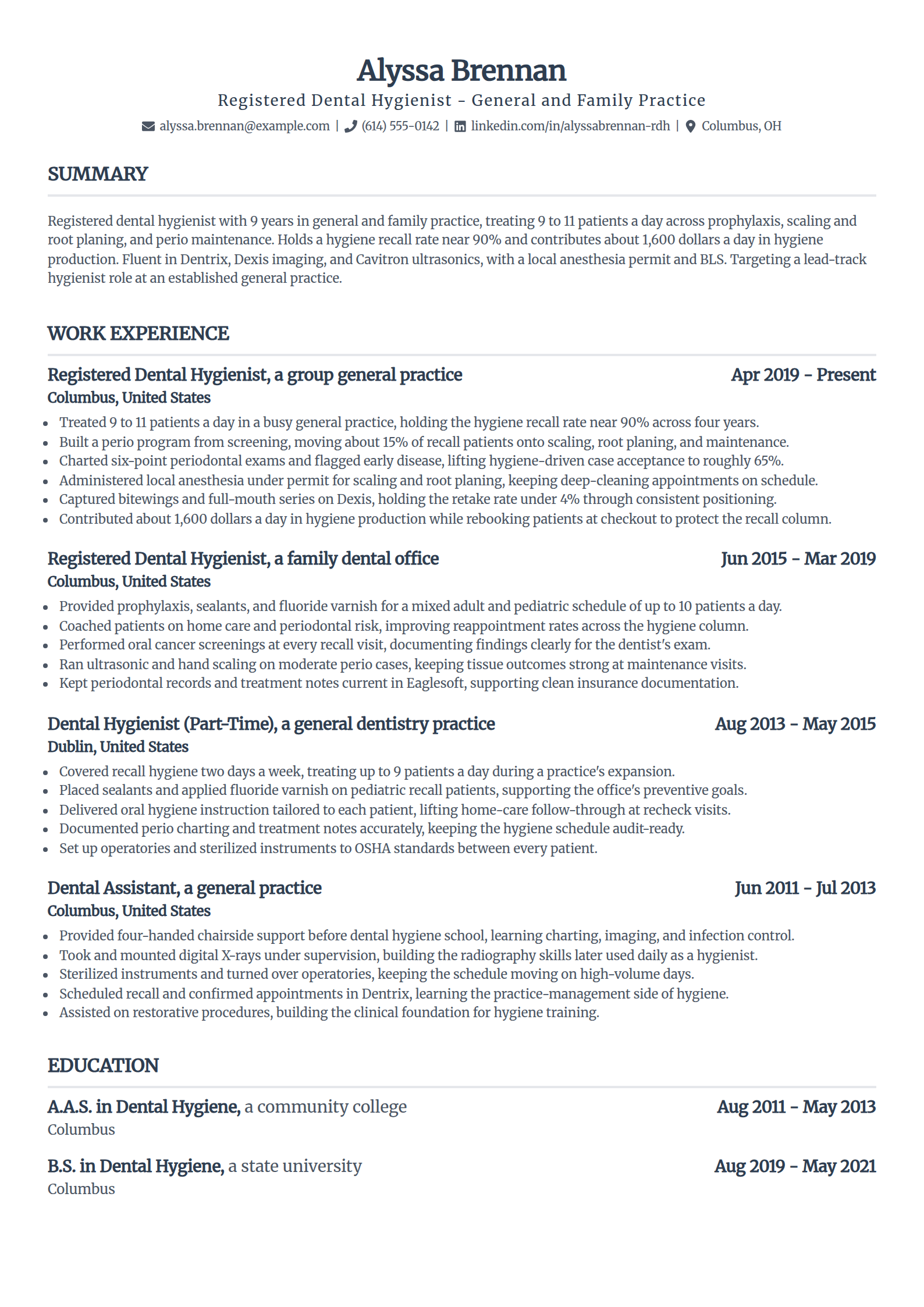 General practice Dental Hygienist resume example in the Standard template