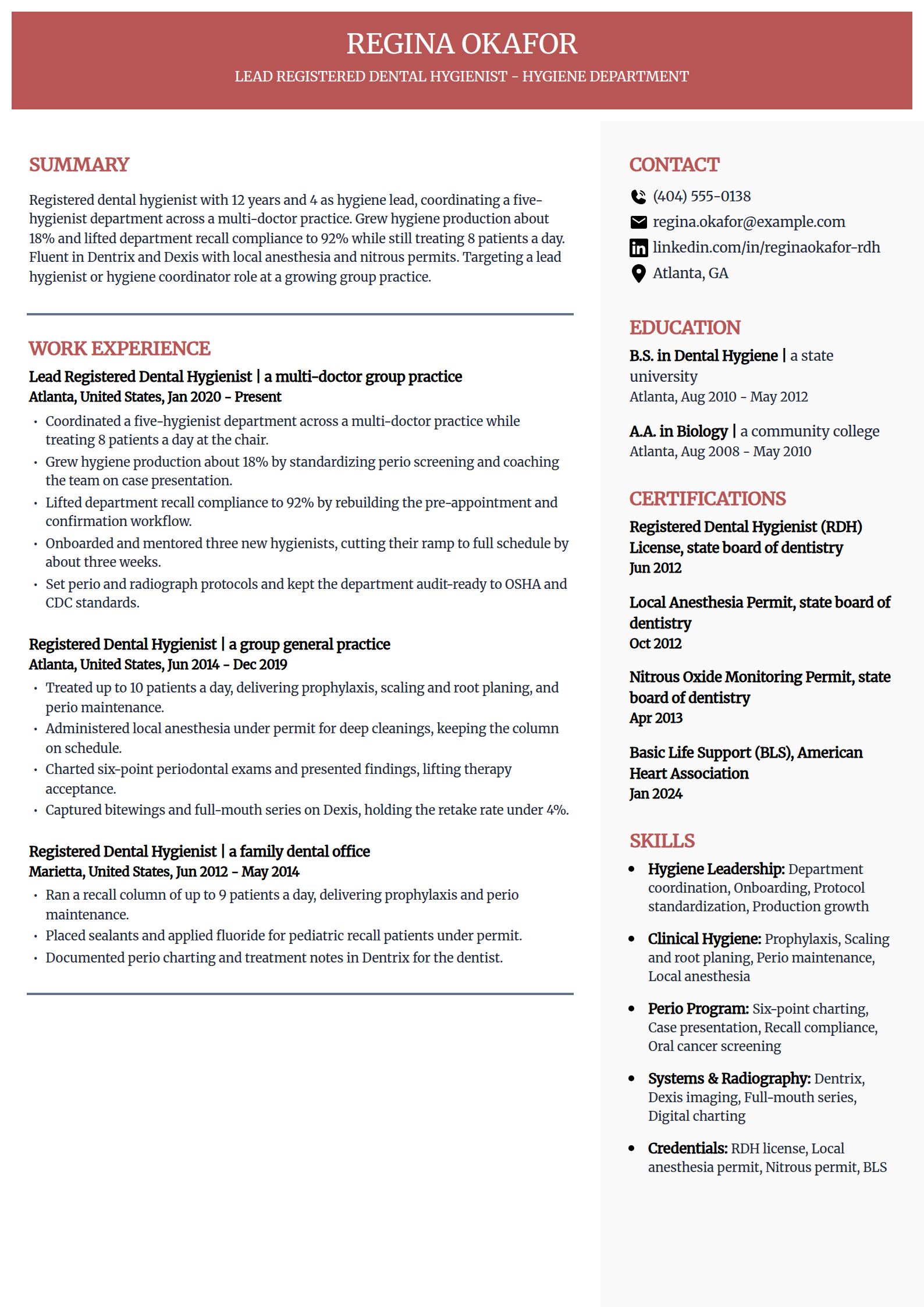 Lead Dental Hygienist and hygiene coordinator resume example in the Executive template