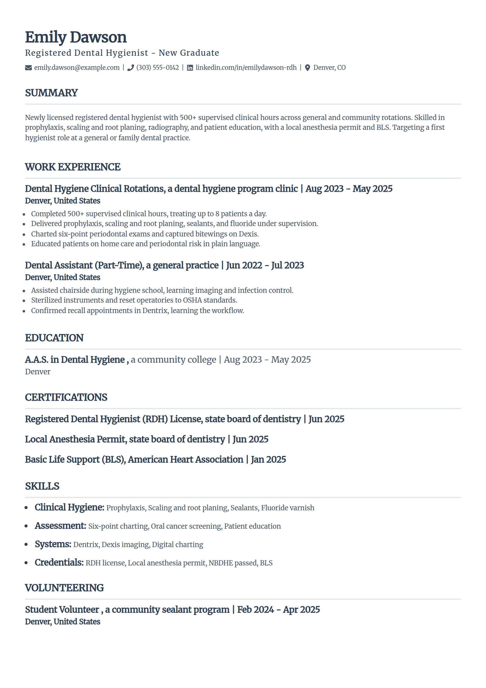 New graduate Dental Hygienist resume example in the Classic template
