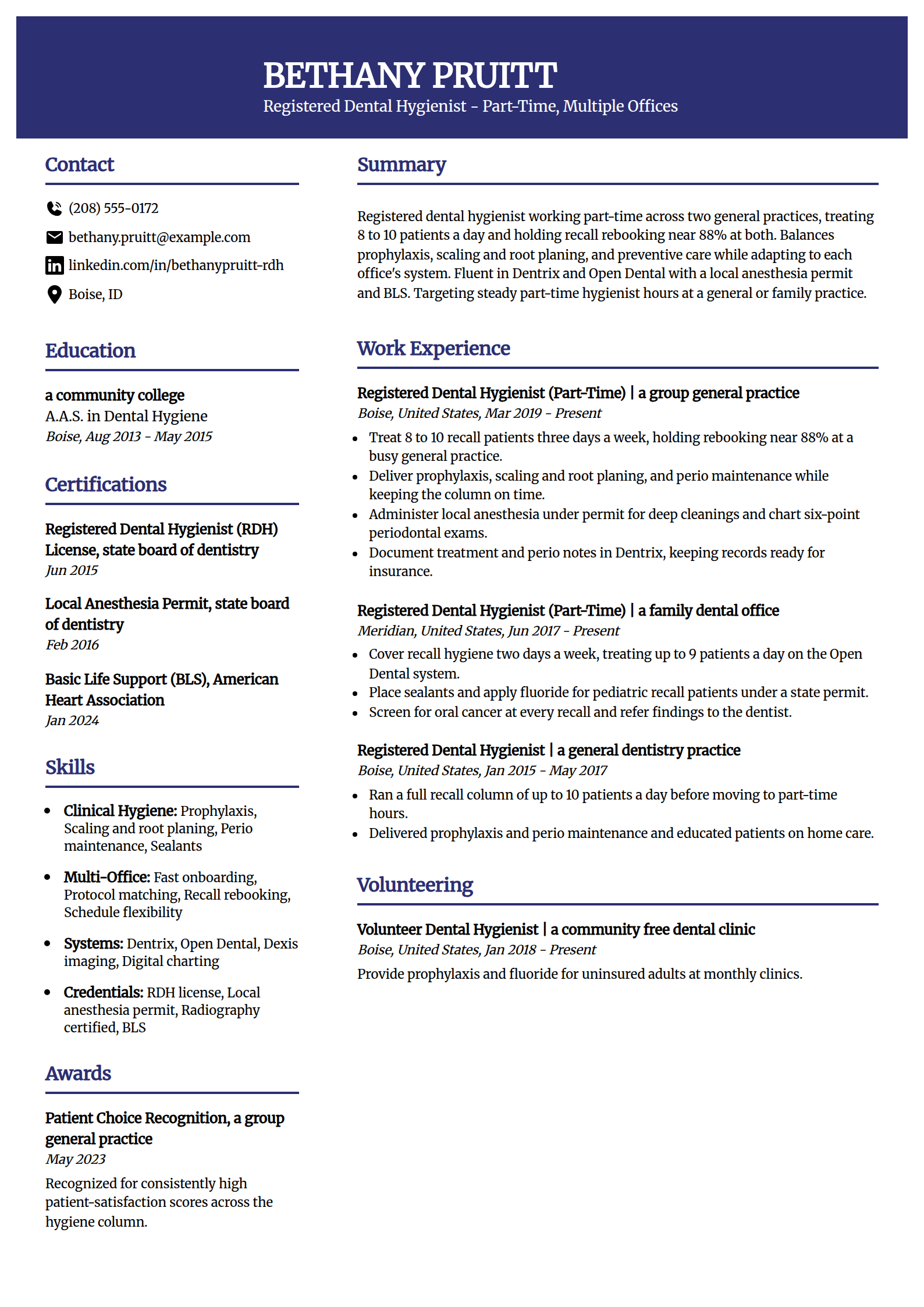 Part-time multi-office Dental Hygienist resume example in the Visionary template
