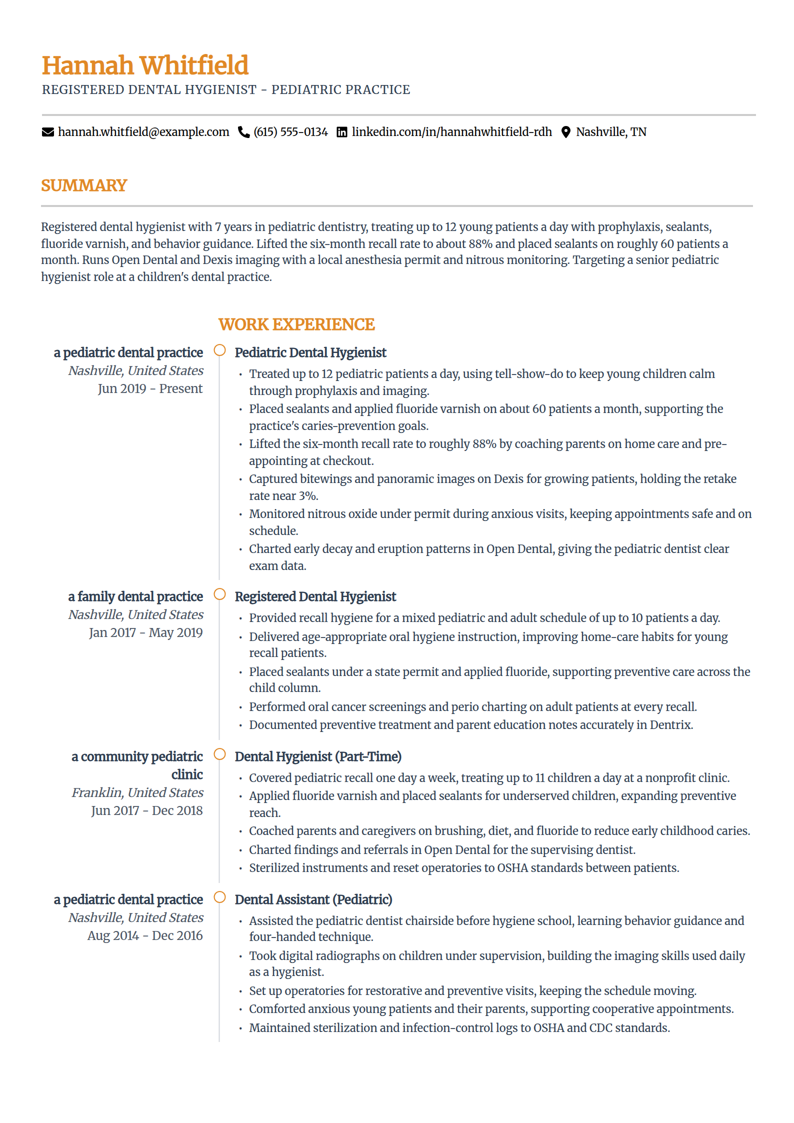 Pediatric Dental Hygienist resume example in the Zenith template
