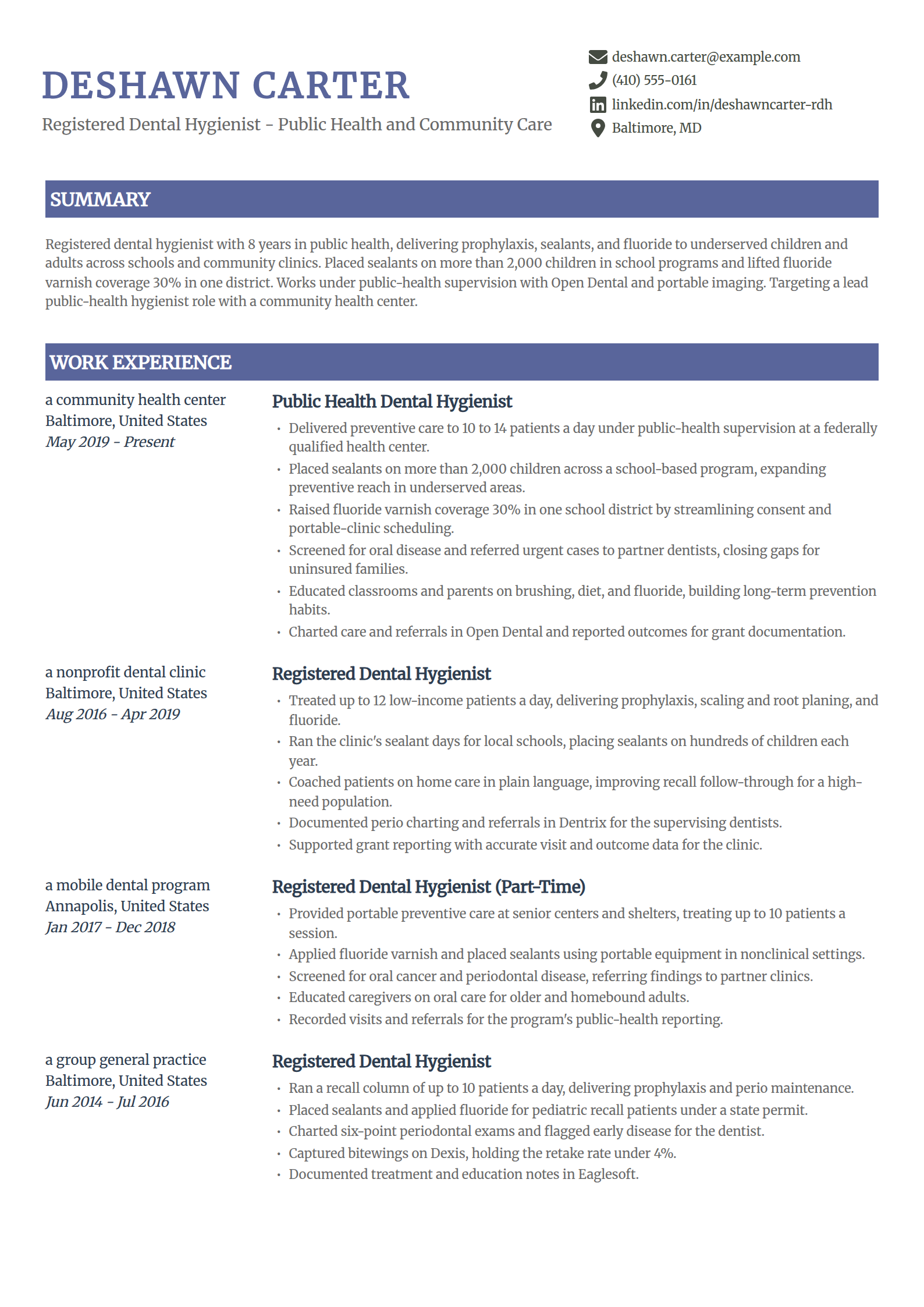 Public health Dental Hygienist resume example in the Catalyst template