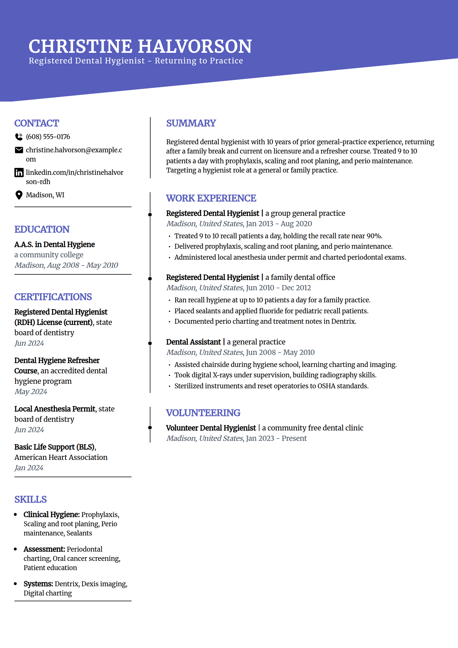 Return-to-practice Dental Hygienist resume example in the Orbit template