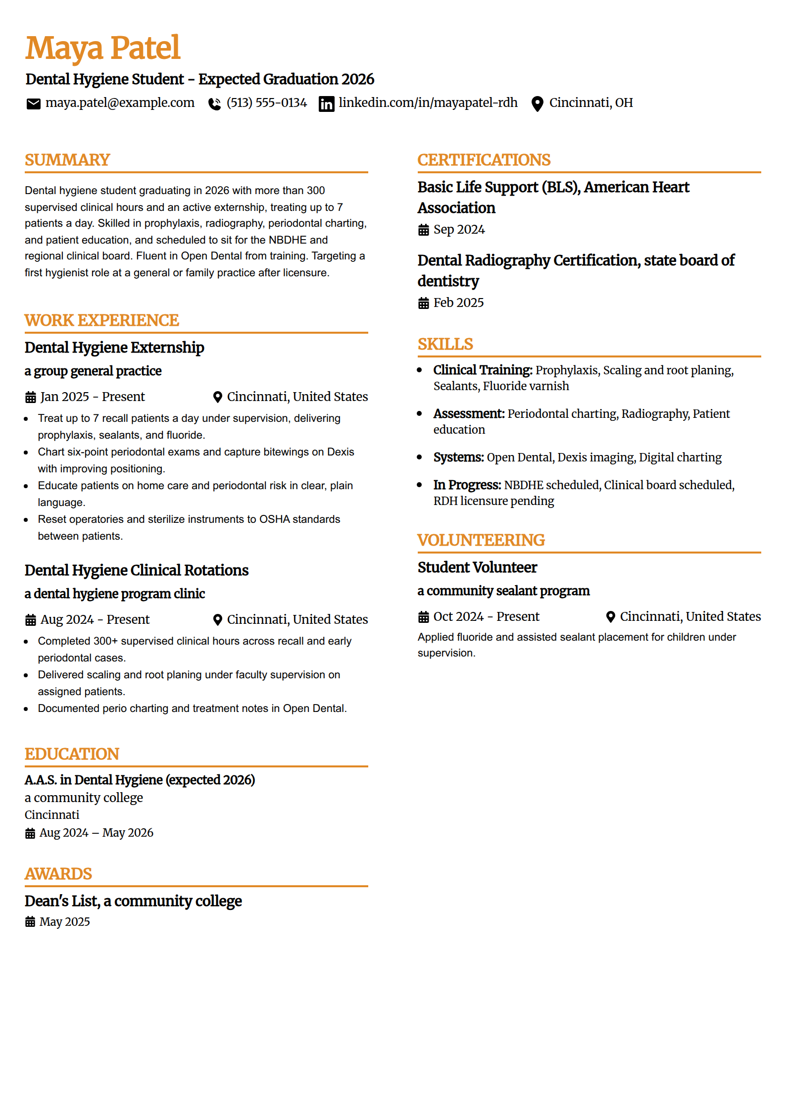 Dental hygiene student resume example in the Professional Edge template