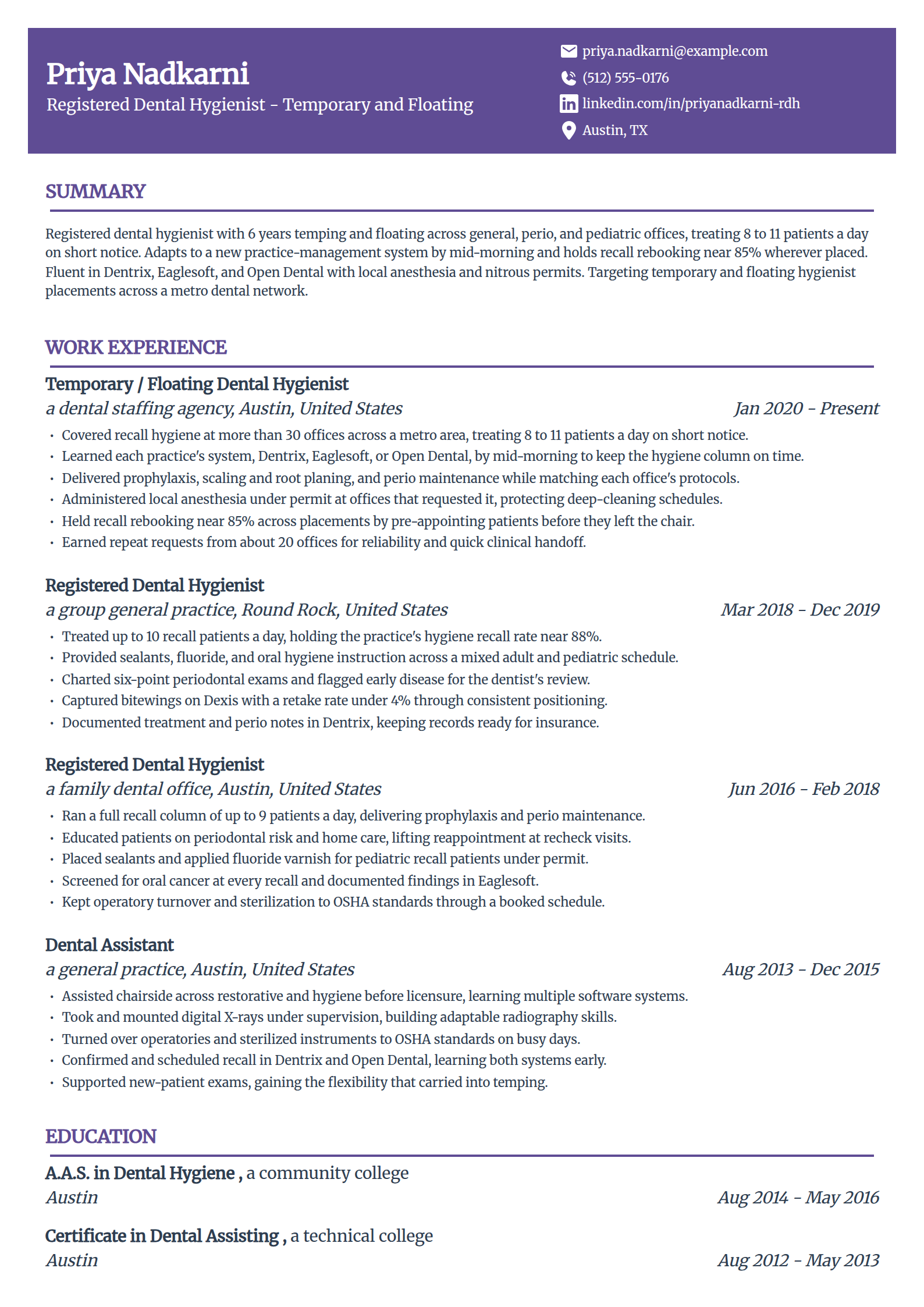 Temp and floating Dental Hygienist resume example in the Panorama template