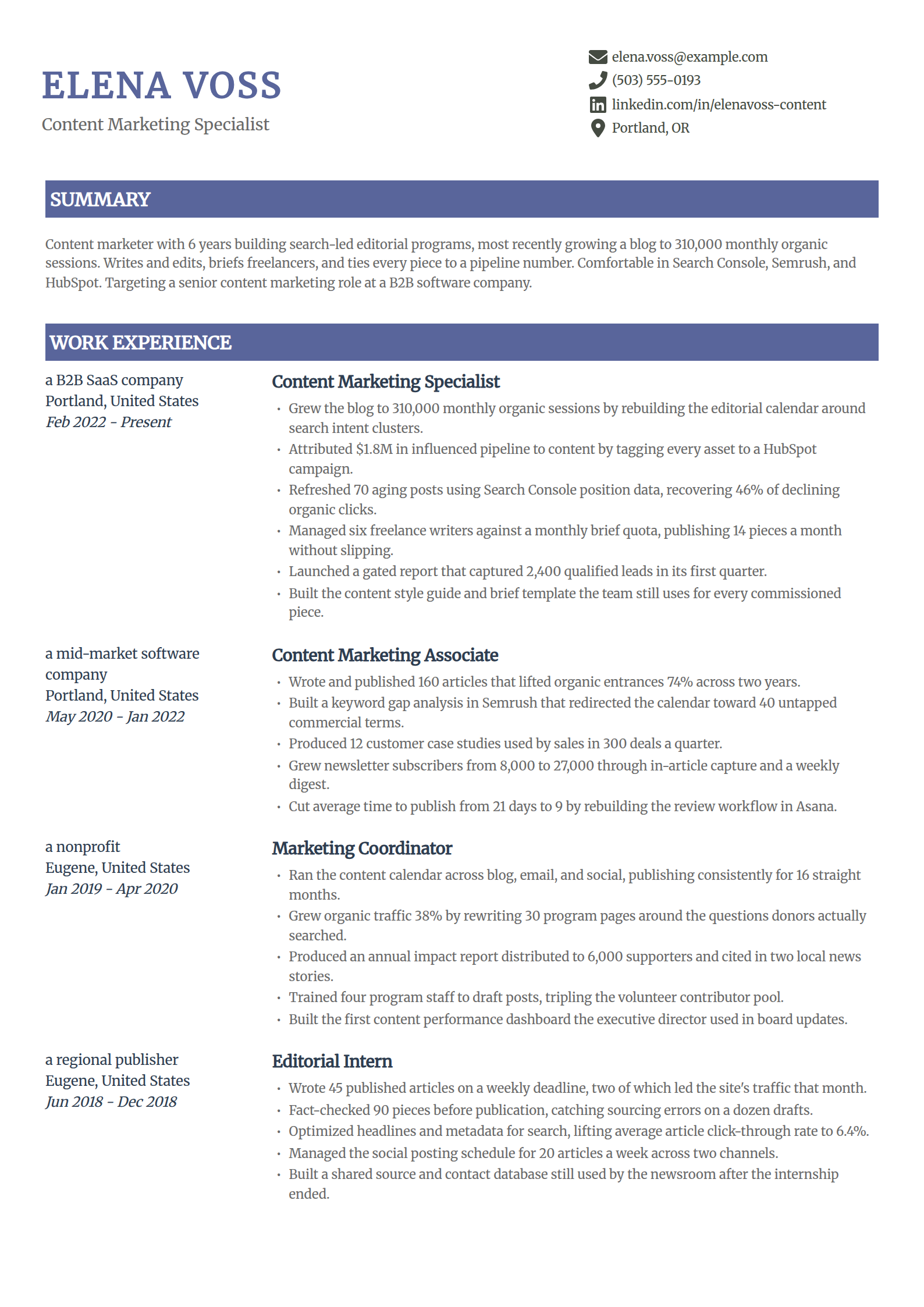 Content Marketing Specialist resume example in the Catalyst template
